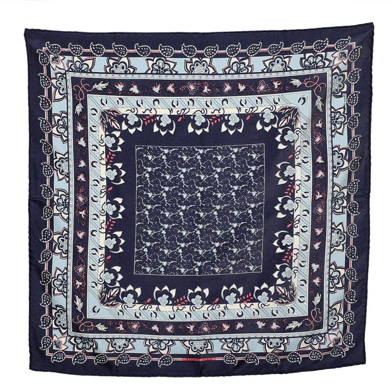 Pre Owned Hermès Blue Floral Print Silk Gavroche Scarf