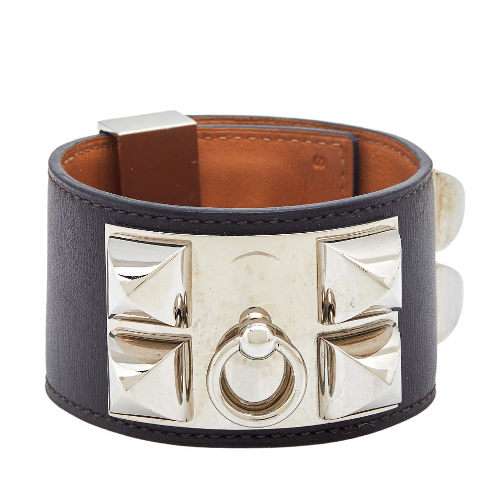 Pre Owned Hermès Collier de Chien Dark Brown Leather Cuff Bracelet S