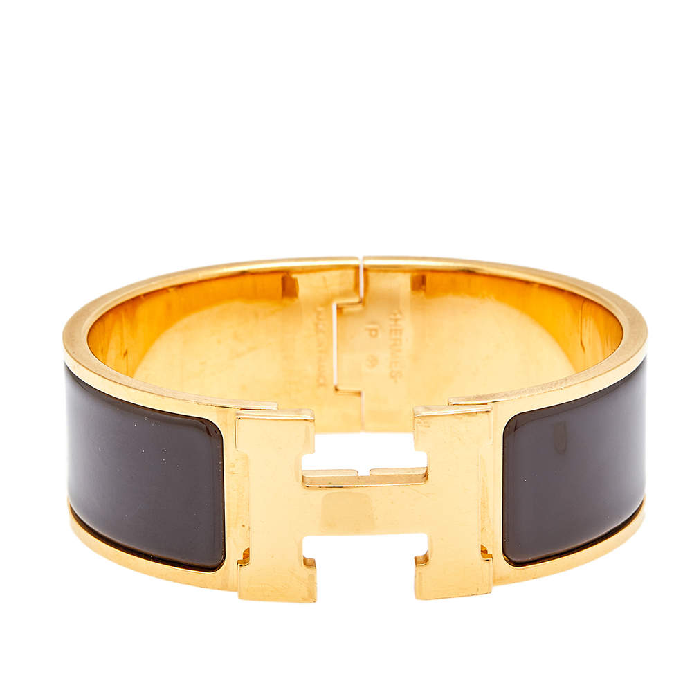 Pre Owned Hermès Clic Clac H Brown Enamel Gold Plated Wide Bracelet