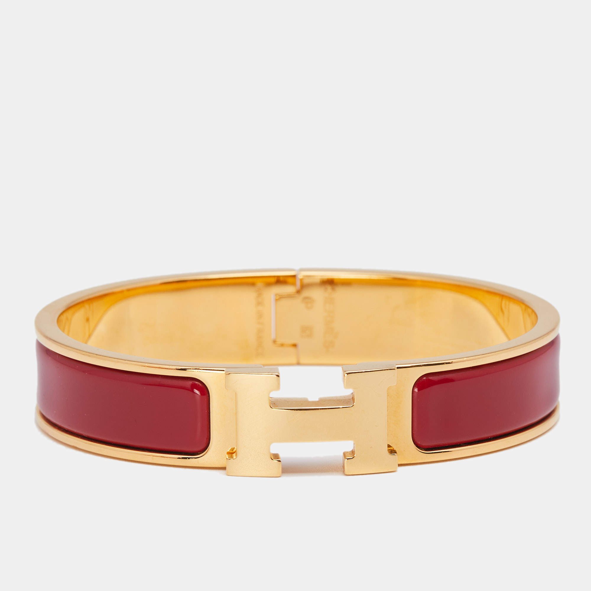 Pre Owned Hermès Clic H Red Enamel Gold Plated Narrow Bracelet