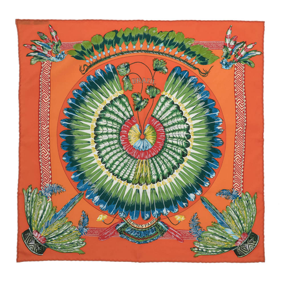 Pre Owned Hermes Orange Brazil Silk Square Scarf