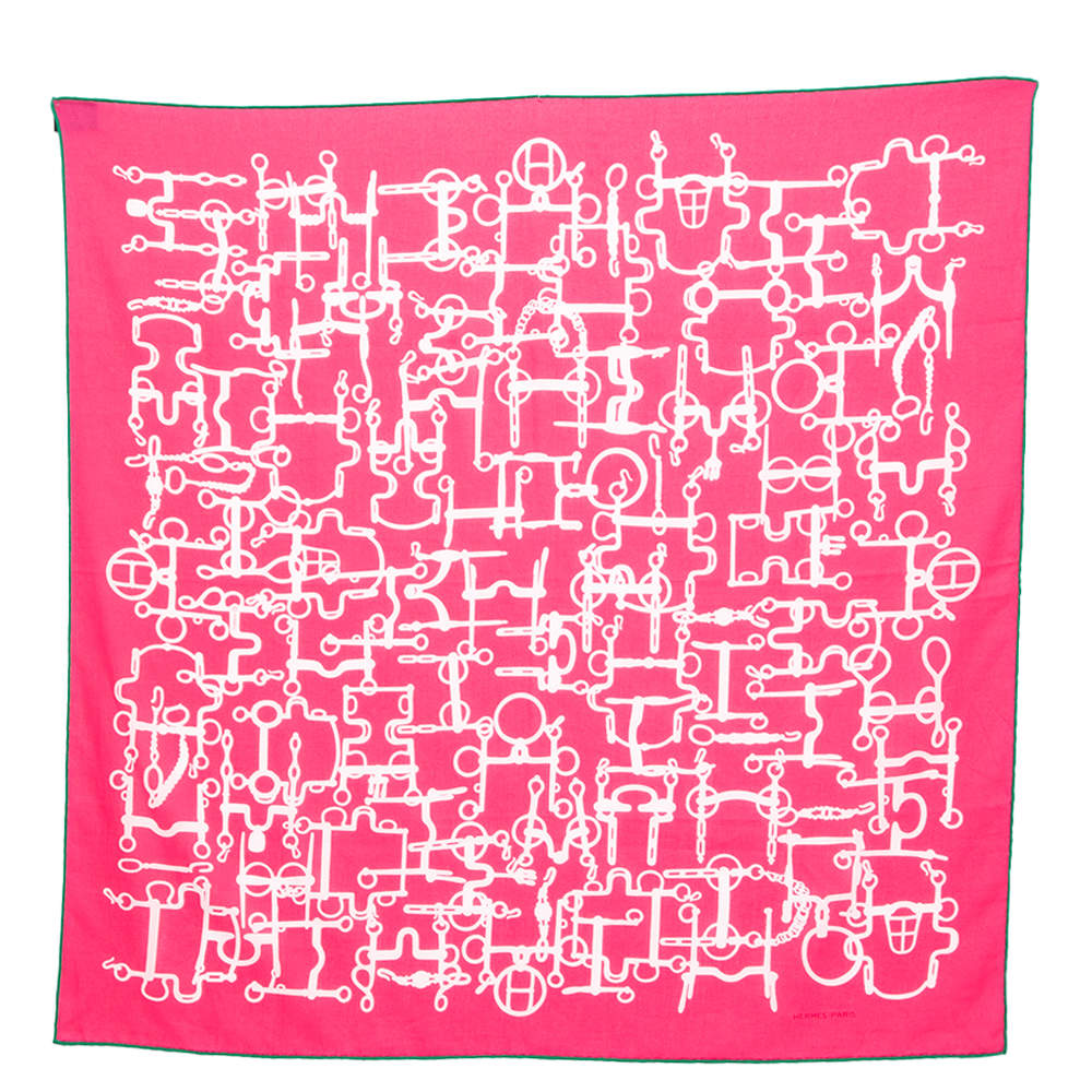 Hermes Pink Stirrup Printed Cotton Square Scarf
