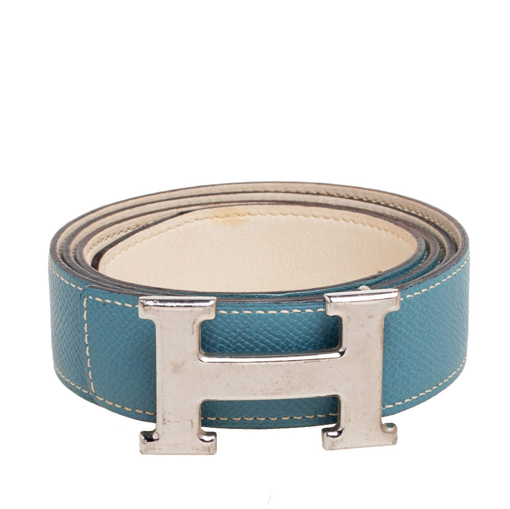 Hermes Blue Jean/Blanc Epsom and Swift Leather H Buckle Reversible Belt  95CM Hermes