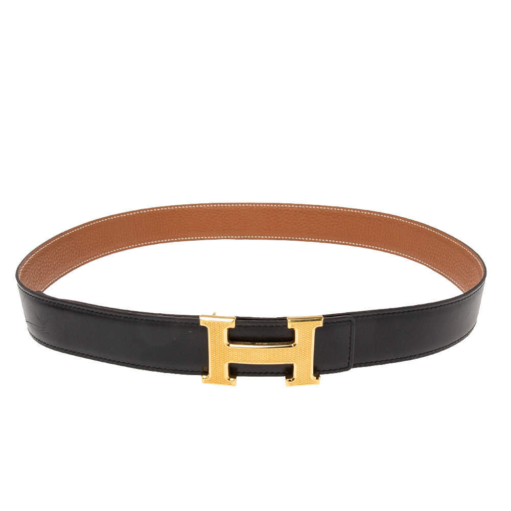 Pre Owned Hermes Black/Brown Box Calf and Togo Leather Guillochee Finish H Buckle Reversible Belt Size 90