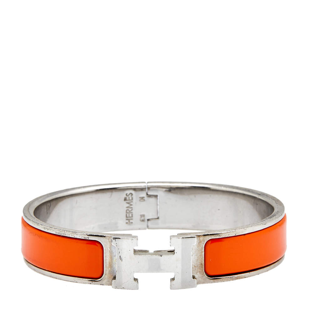 Pre Owned  Hermes Clic H Narrow Orange Enamel Palladium Plated Bracelet PM
