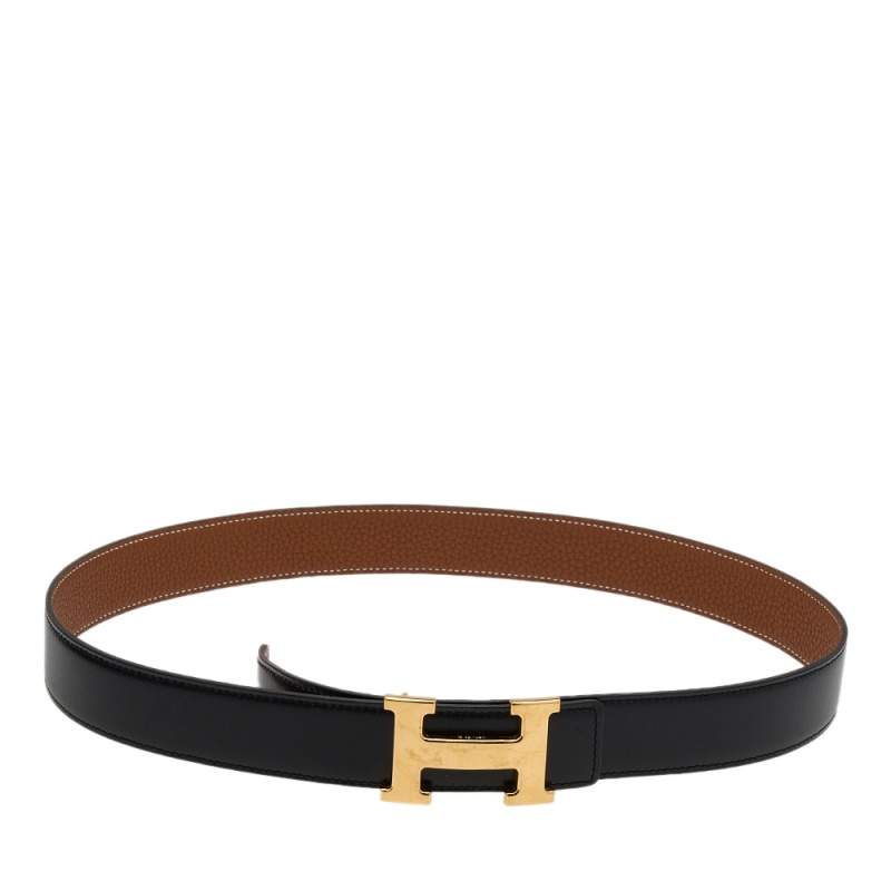 Pre Owned  Hermes Black/Gold Box and Togo Leather H Buckle Reversible Belt 85CM