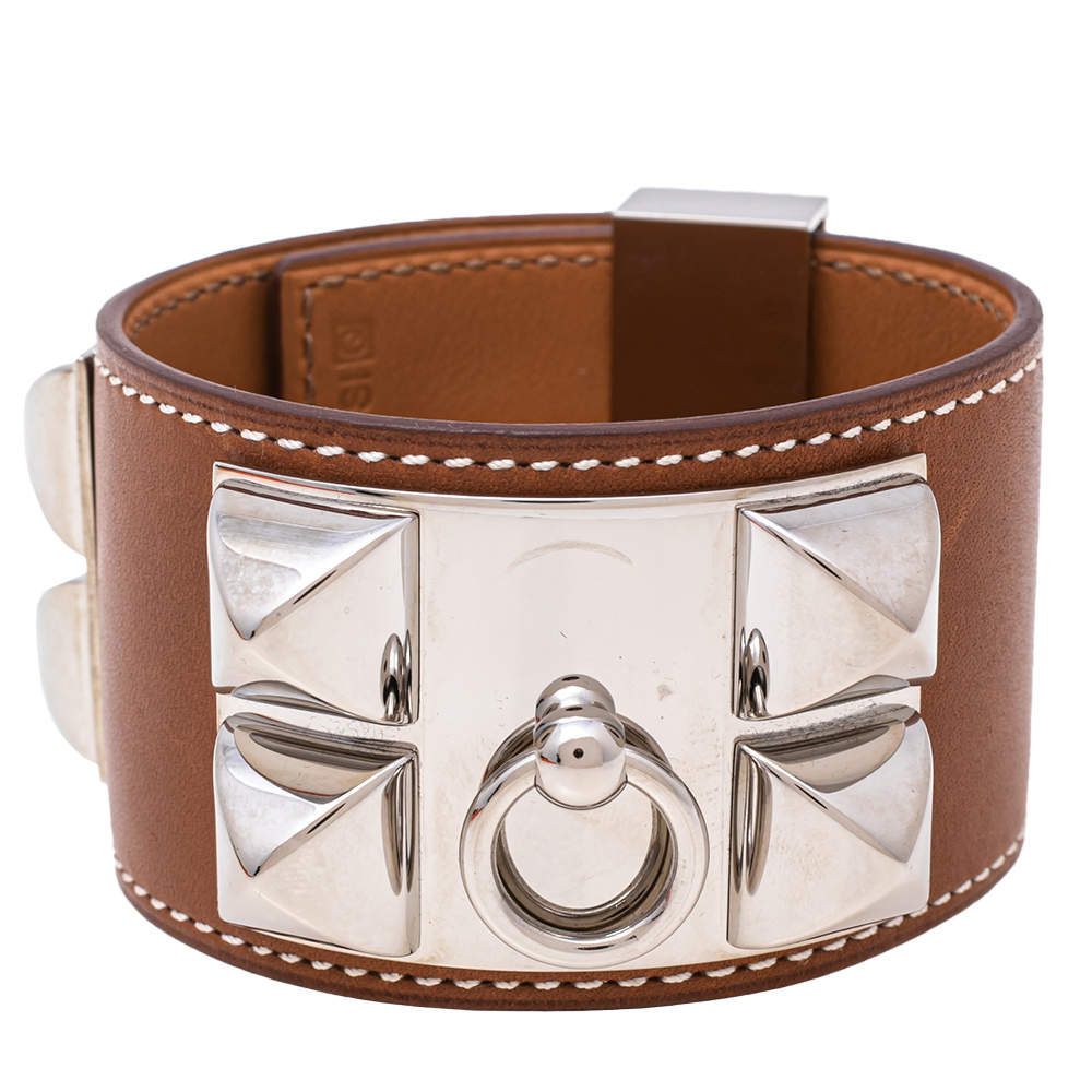 Pre Owned Hermes Collier De Chien Brown Leather Palladium Plated Metal Bracelet S