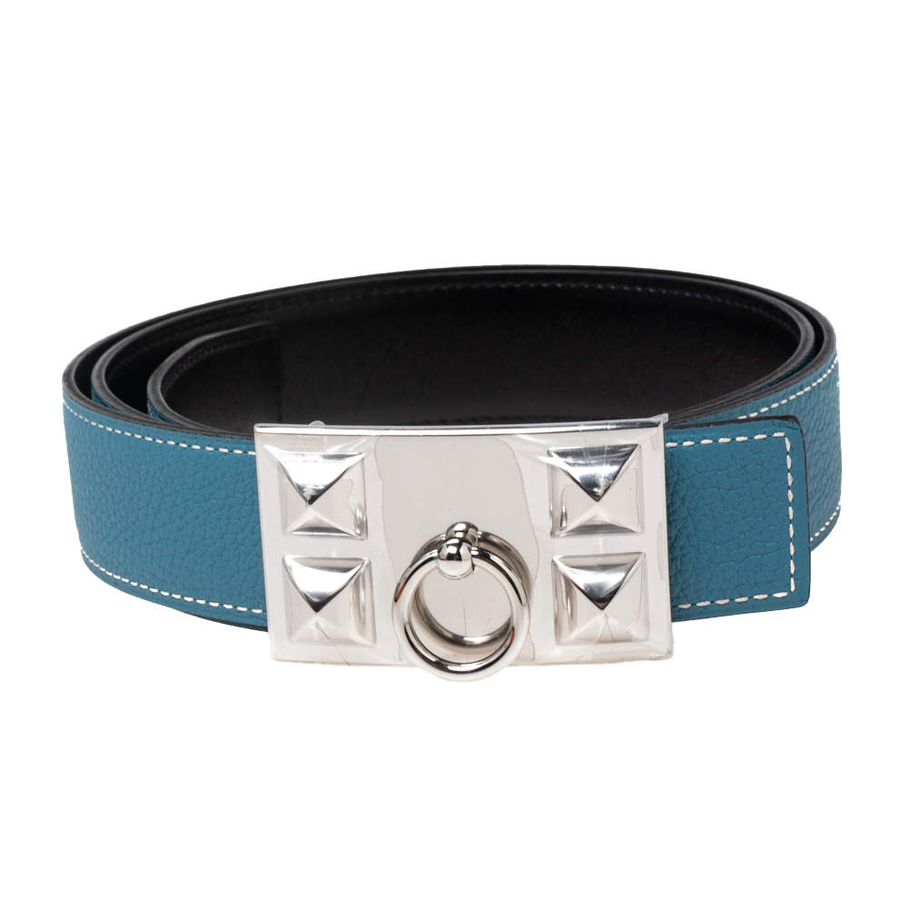 Hermes Bleu Jean/Black Chamonix and Togo Leather Collier De Chien  Reversible Belt 85CM Hermes