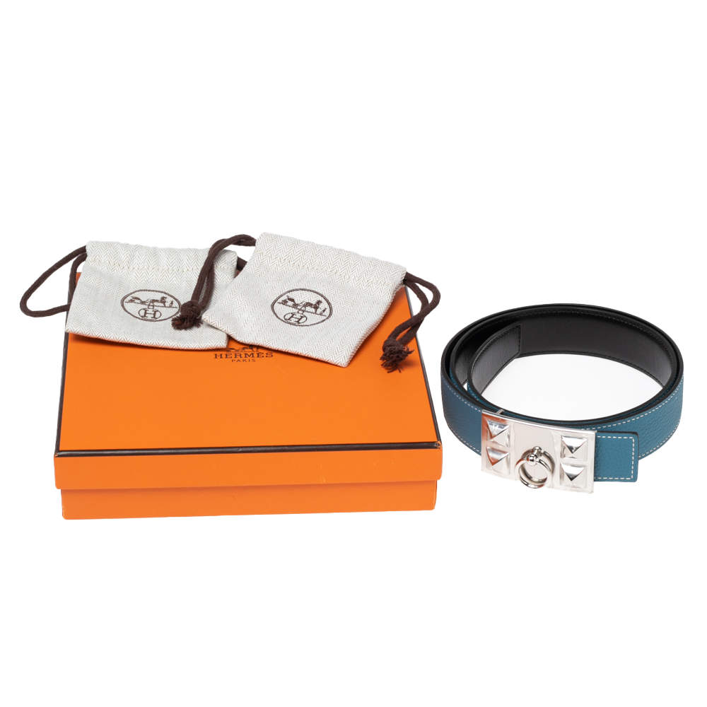 Hermes Bleu Jean/Black Chamonix and Togo Leather Collier De Chien  Reversible Belt 85CM Hermes