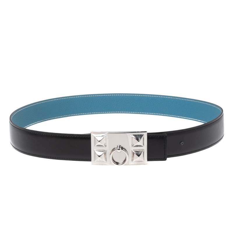 Pre Owned Hermes Bleu Jean/Black Chamonix and Togo Leather Collier De Chien Reversible Belt 85CM