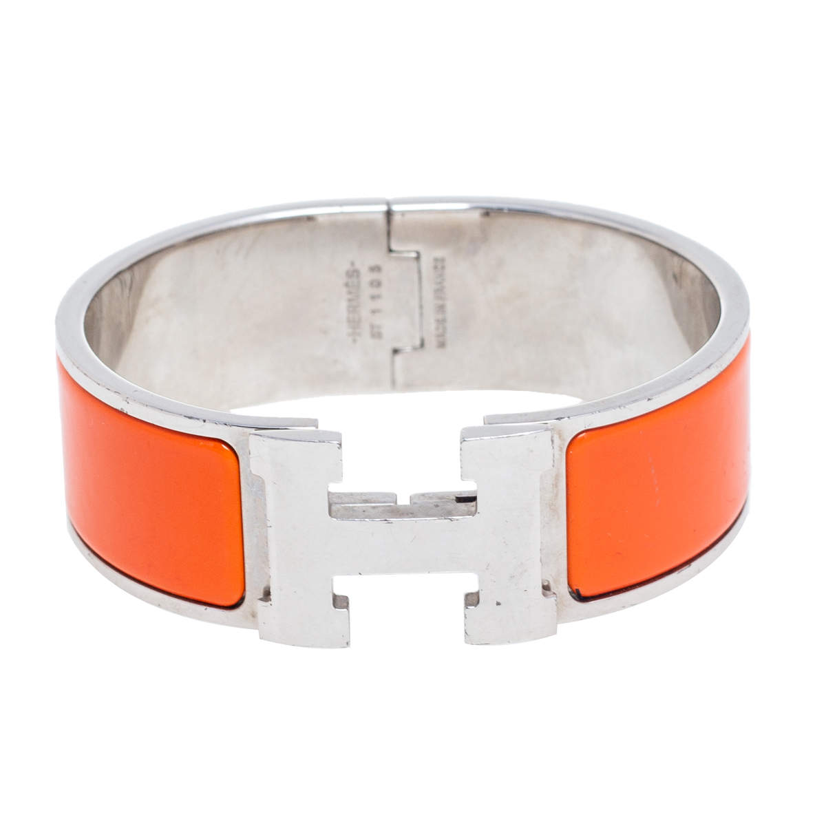 Pre Owned Hermes Clic Clac H Orange Enamel Palladium Plated Wide Bracelet PM