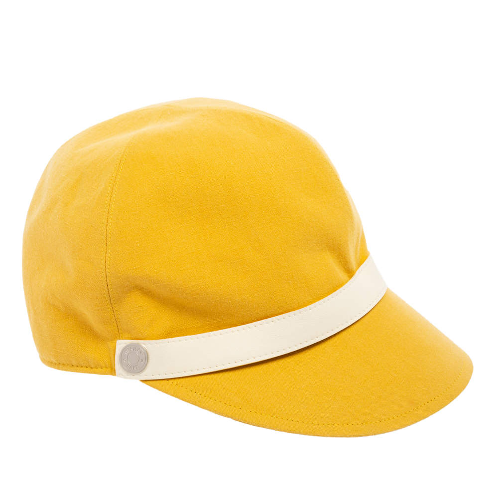 Pre Owned Hermes Yellow Cotton & Linen Leather Strip Detail Cap Size 56