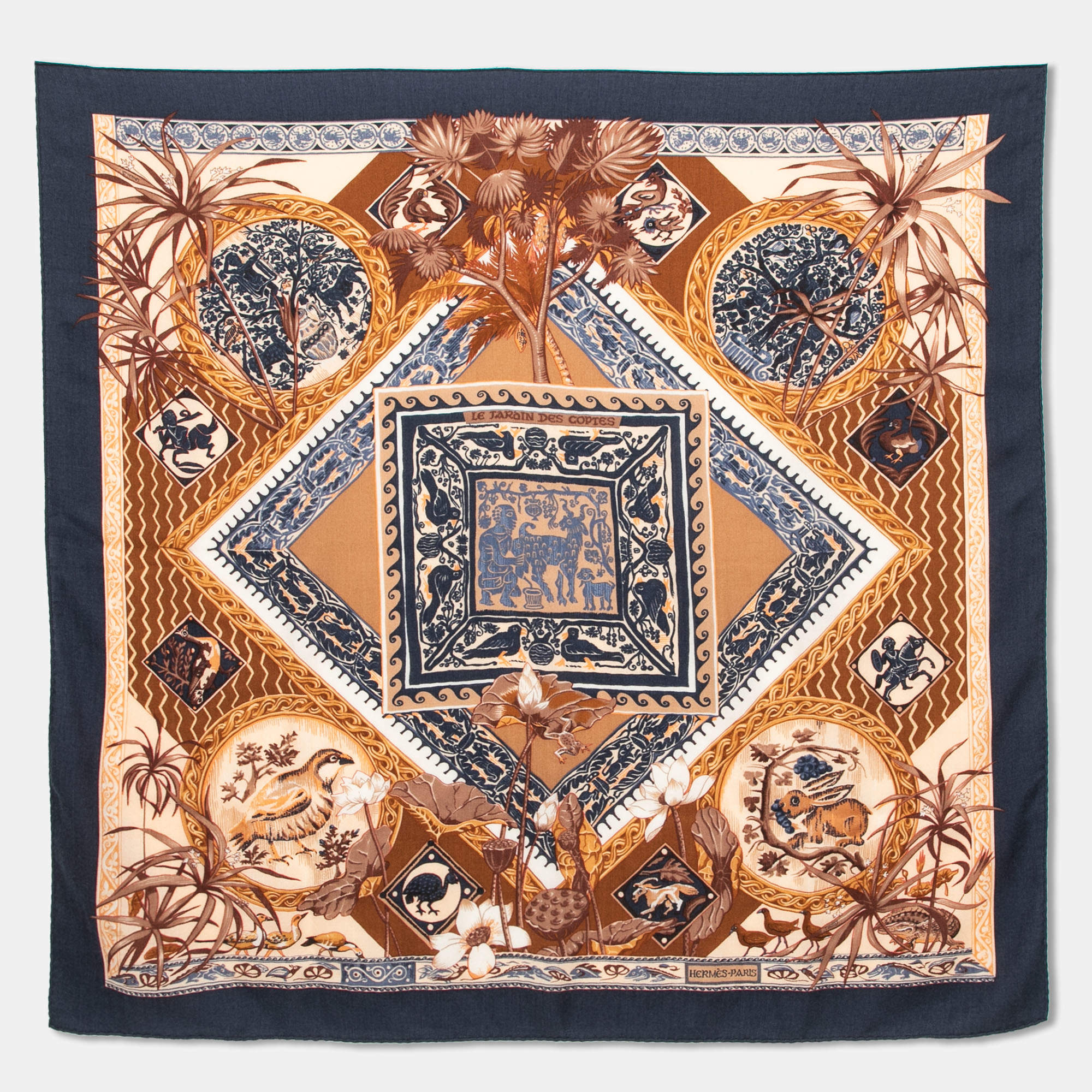 Pre Owned Hermès Brown & Blue Le Jardin Des Coptes Cashmere Silk Scarf