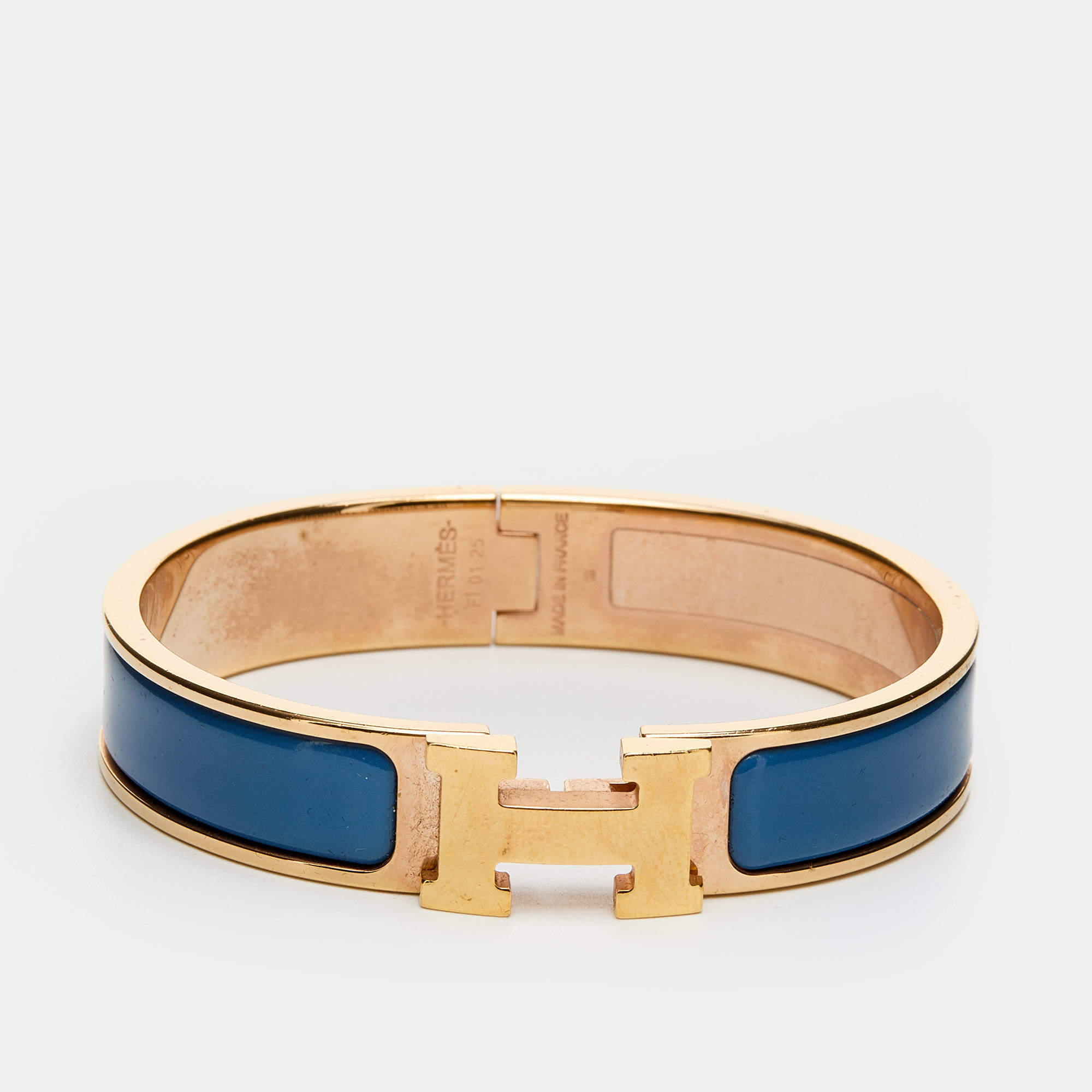 Pre Owned Hermès Clic H Blue Enamel Rose Gold Plated Narrow Bracelet