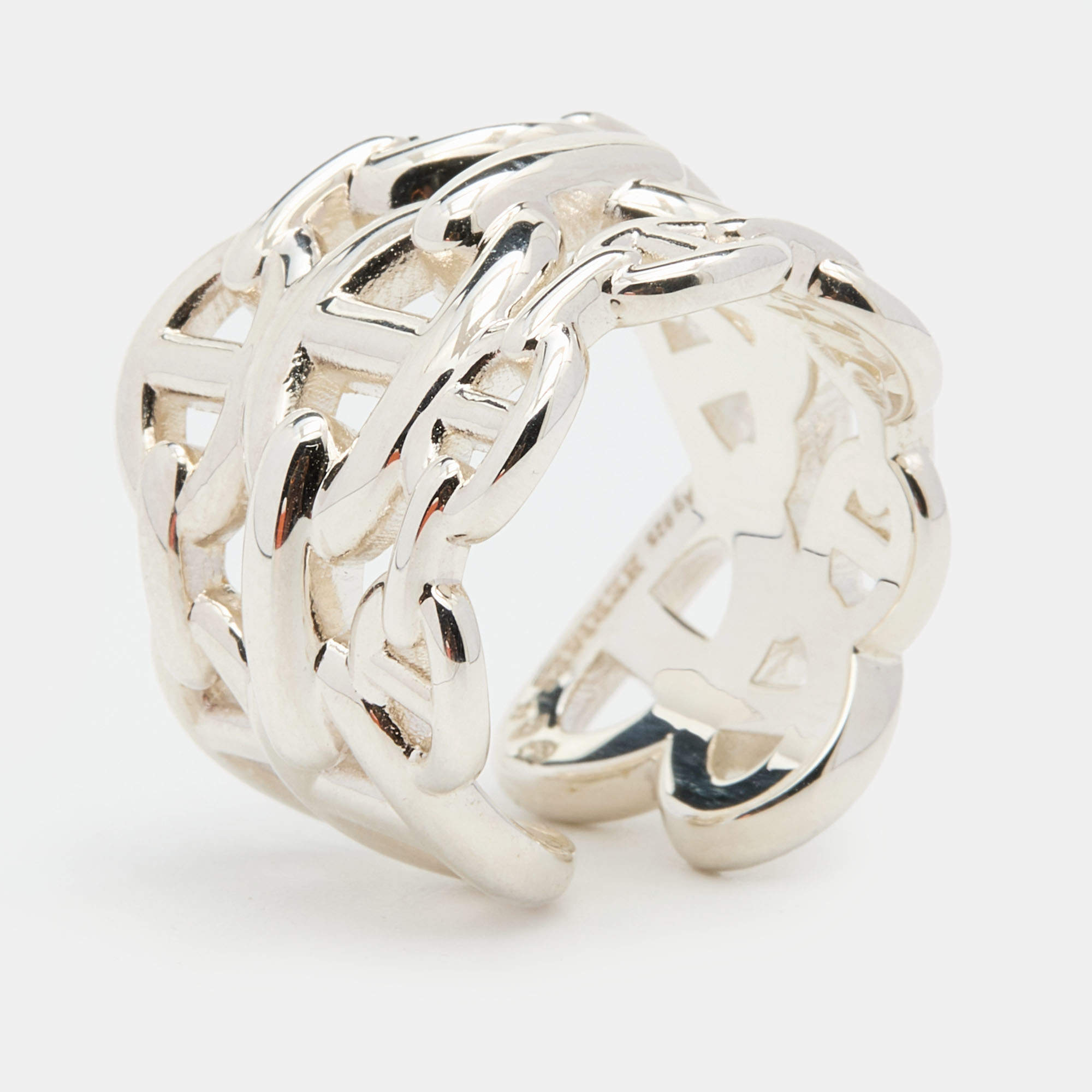 مملوكة مسبقًا Hermès Sterling Silver Chaine d'ancre Enchainee Ring Size EU 53