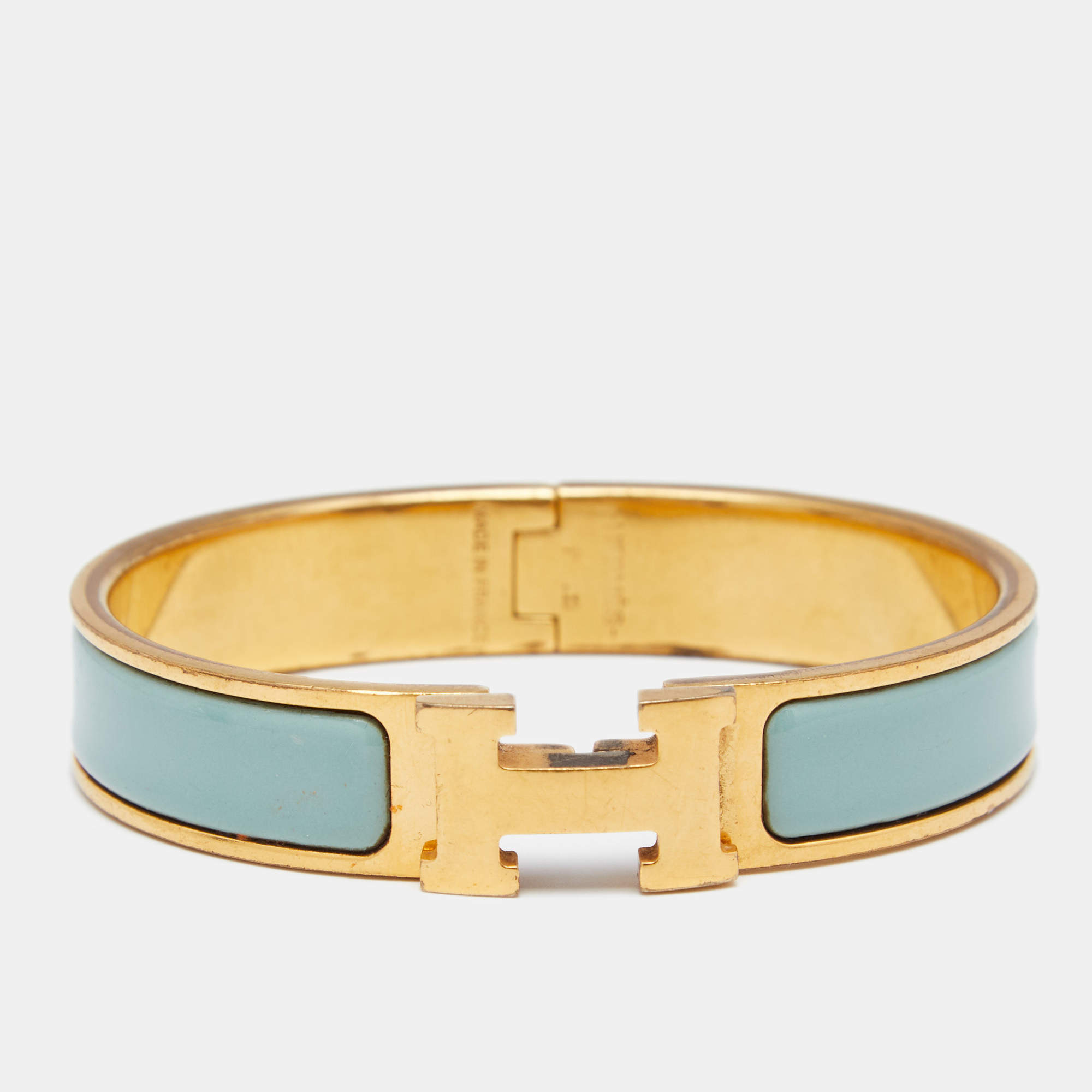 Pre Owned Hermès Clic H Aqua Blue Enamel Gold Plated Narrow Bracelet