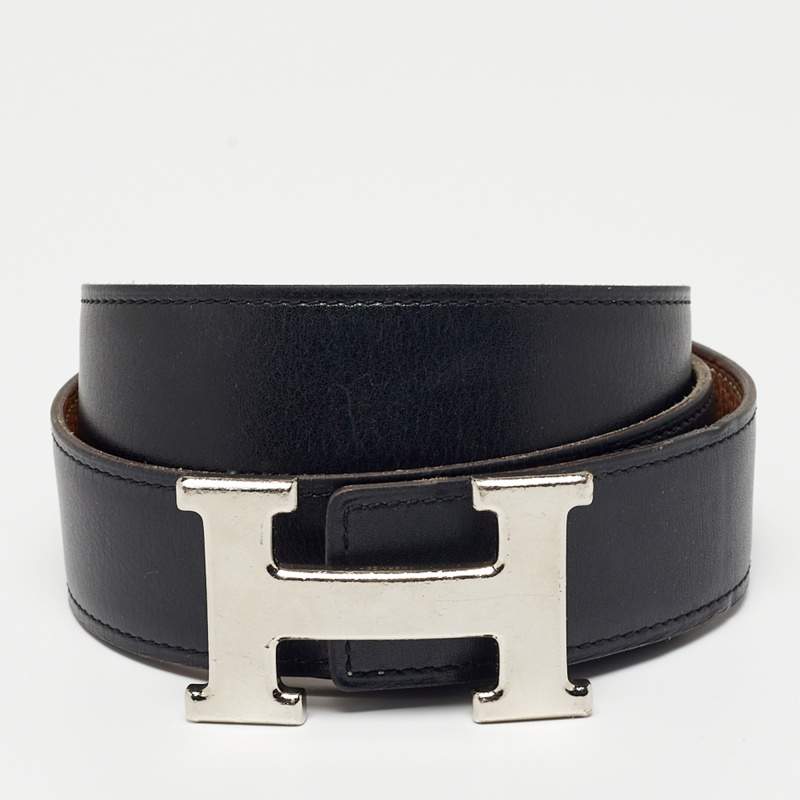 Pre Owned Hermes Black/Gold Box and Togo Leather H Buckle Reversible Belt 85CM