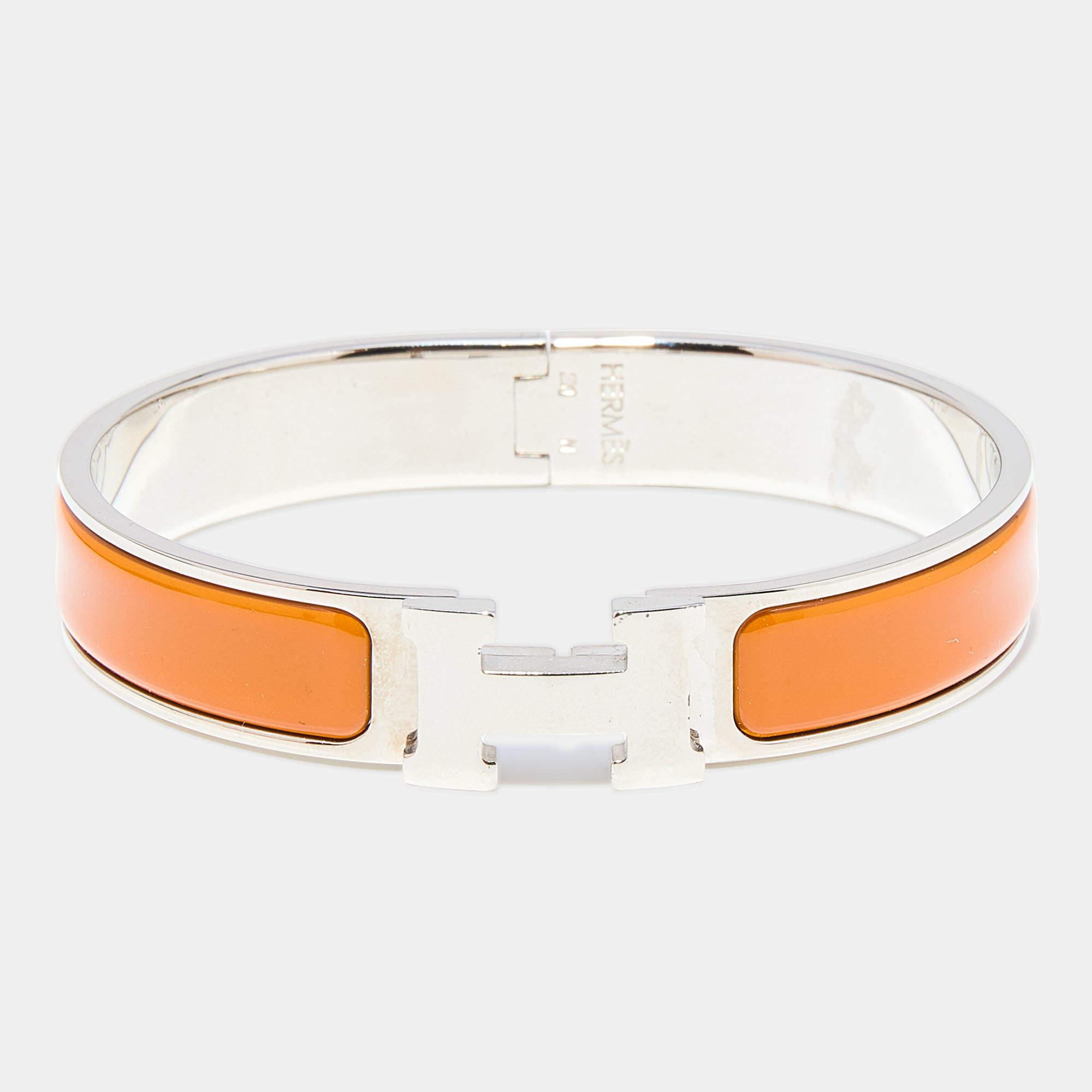 Pre Owned Hermès Clic H Orange Enamel Palladium Plated Narrow Bracelet
