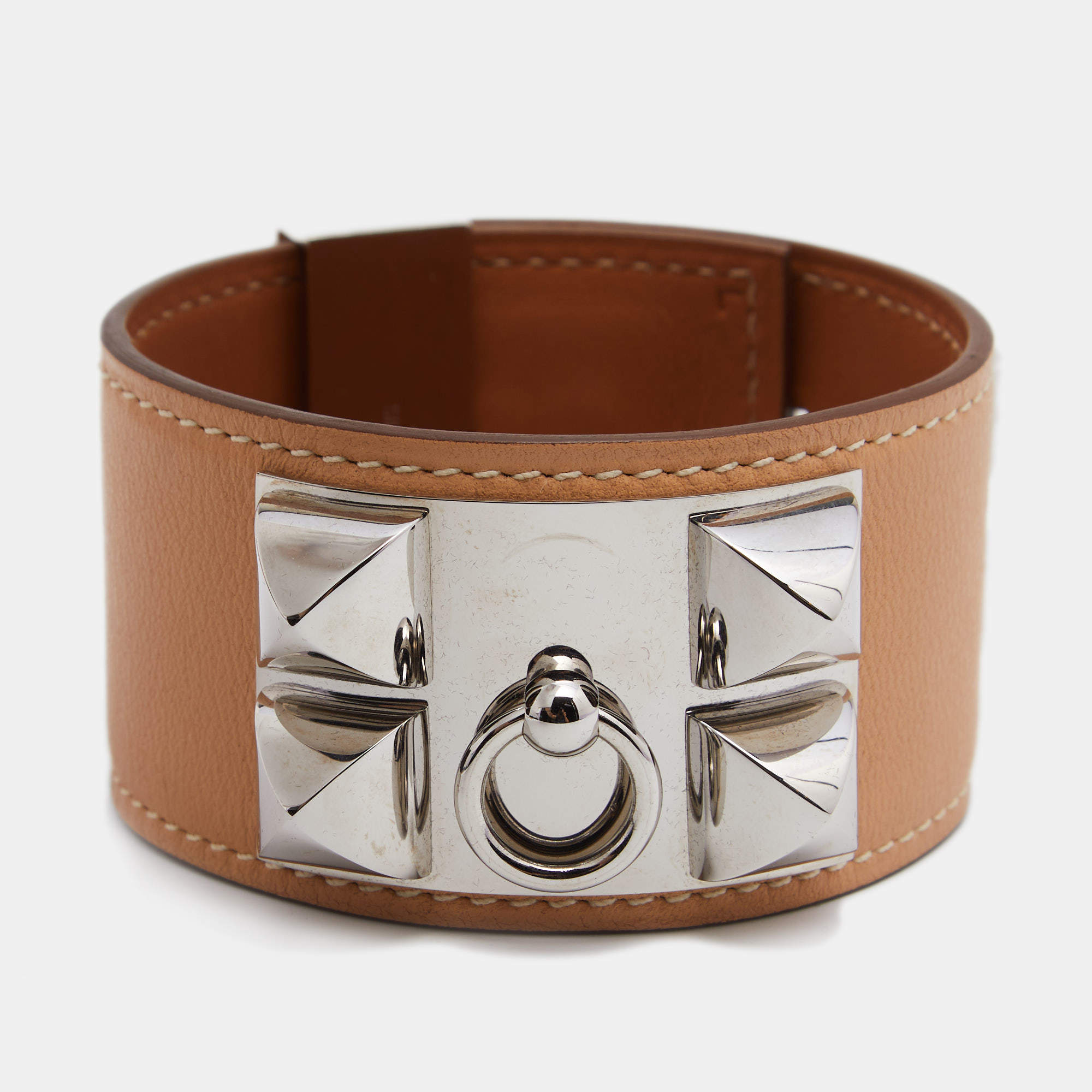 Hermès Cream Leather Palladium Plated Collier de Chien Bracelet