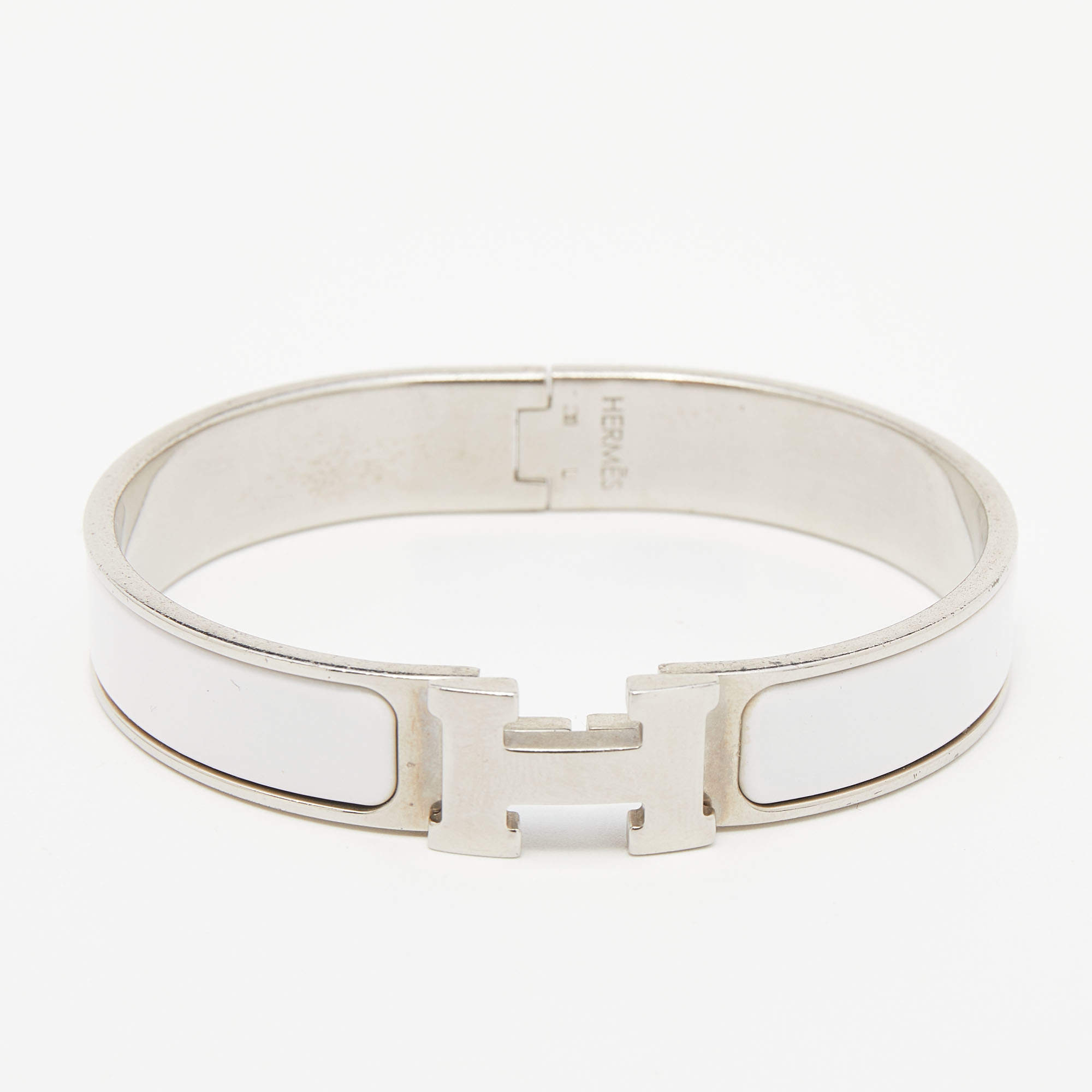 Pre Owned Hermes Clic H White Enamel Palladium Plated Metal Bracelet