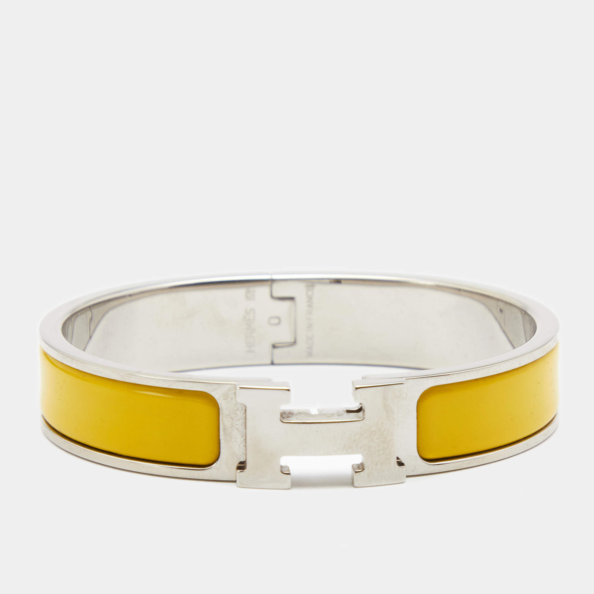Pre Owned Hermès Clic H Yellow Enamel Palladium Plated Metal Bracelet