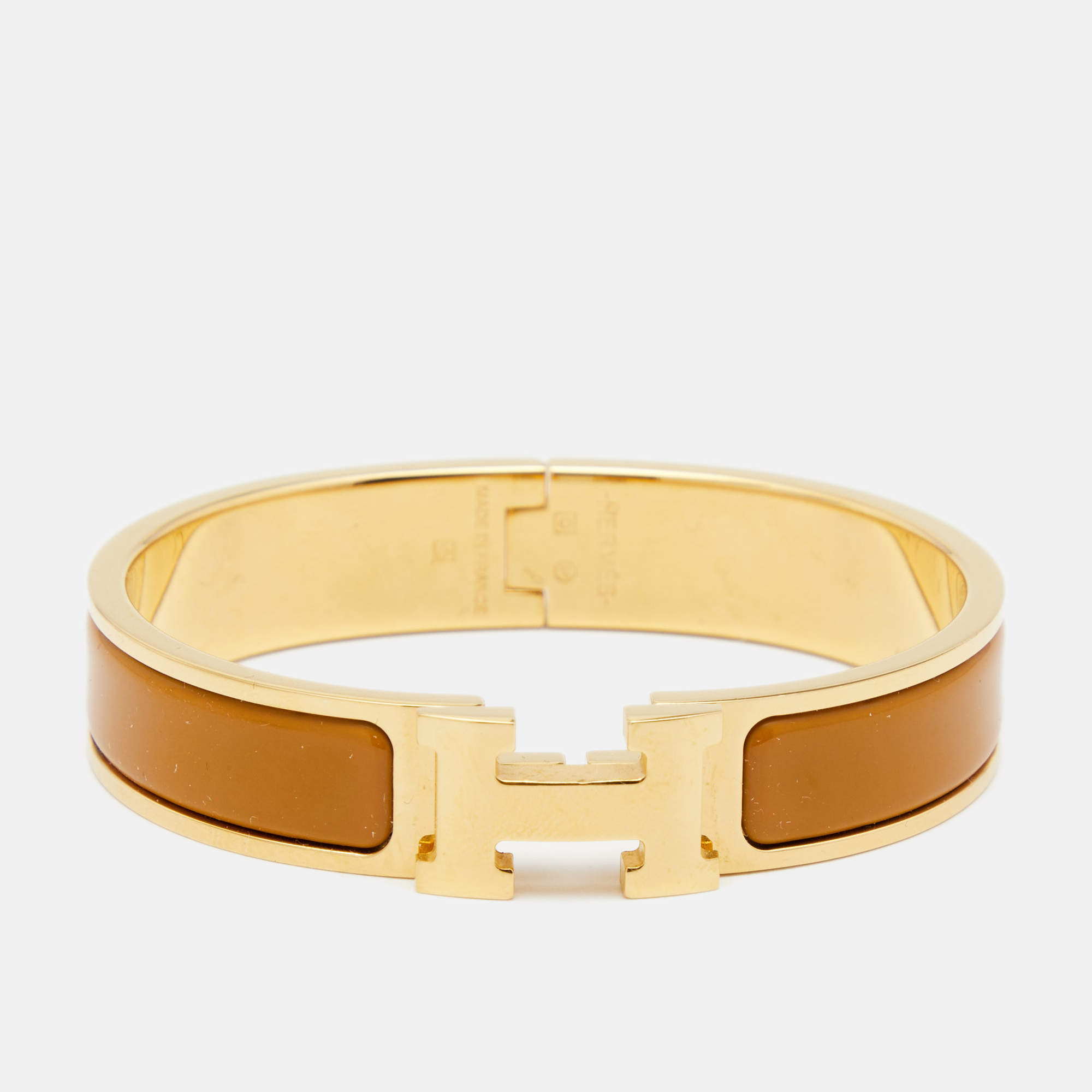 Pre Owned Hermès Clic H Brown Enamel Gold Plated Narrow Bracelet