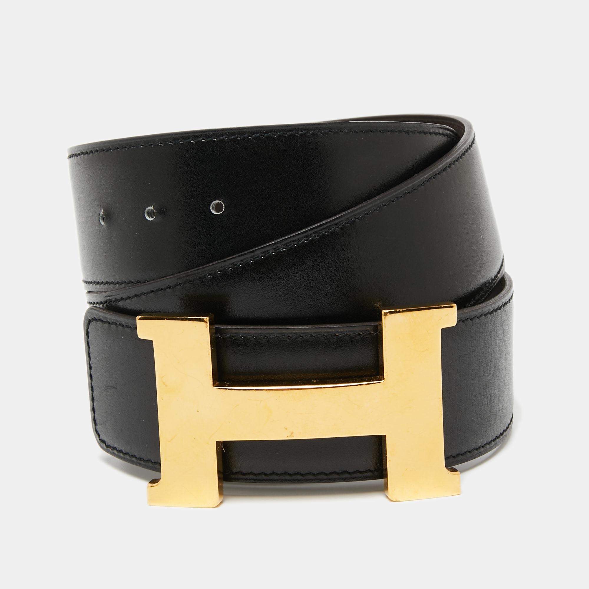 Pre Owned Hermes Black/Chocolat Chamonix and Swift Leather Constance Reversible Belt 75CM