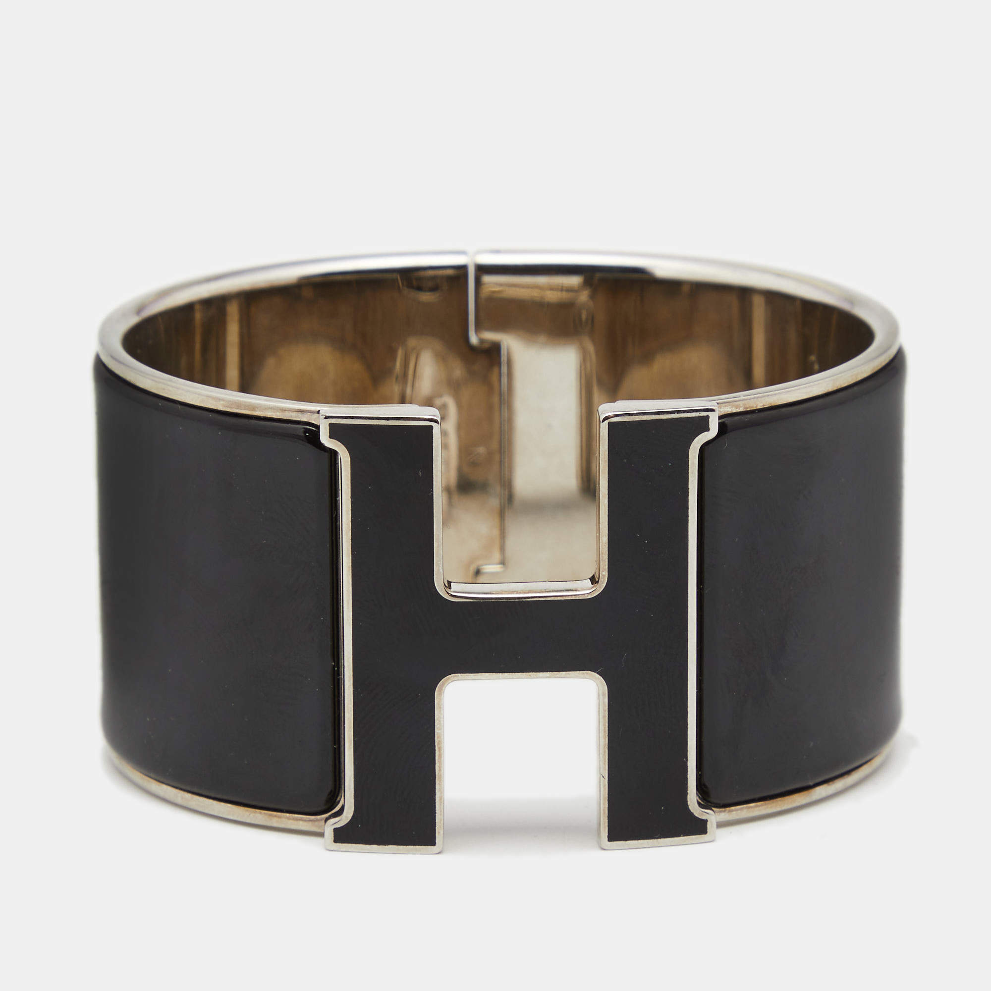 Pre Owned Hermes Clic Clac H Black Enamel Palladium Plated Extra Wide Bracelet