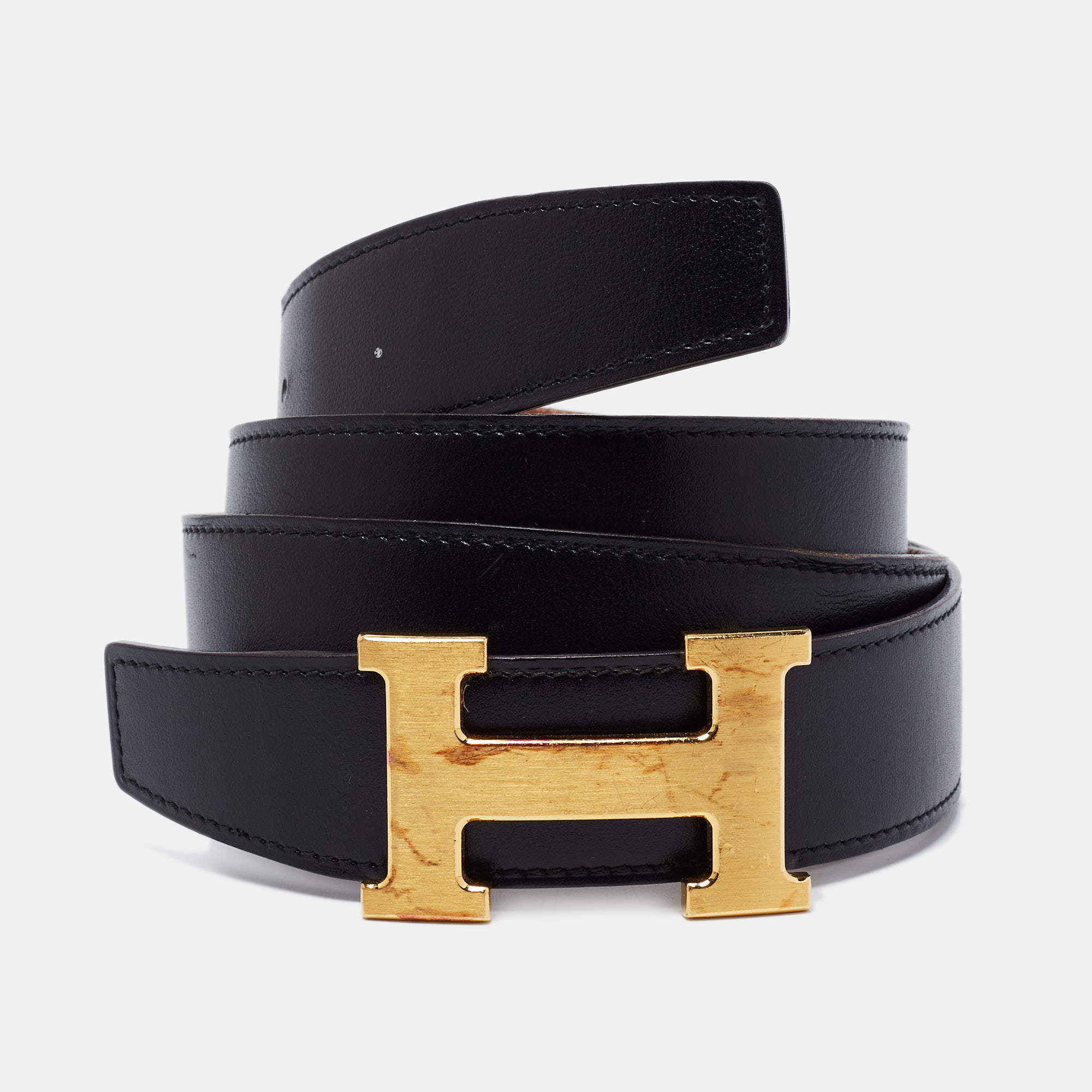 Pre Owned Hermes Black/Gold Chamonix and Togo Leather Gold Finish Reversible H Buckle Belt 90CM
