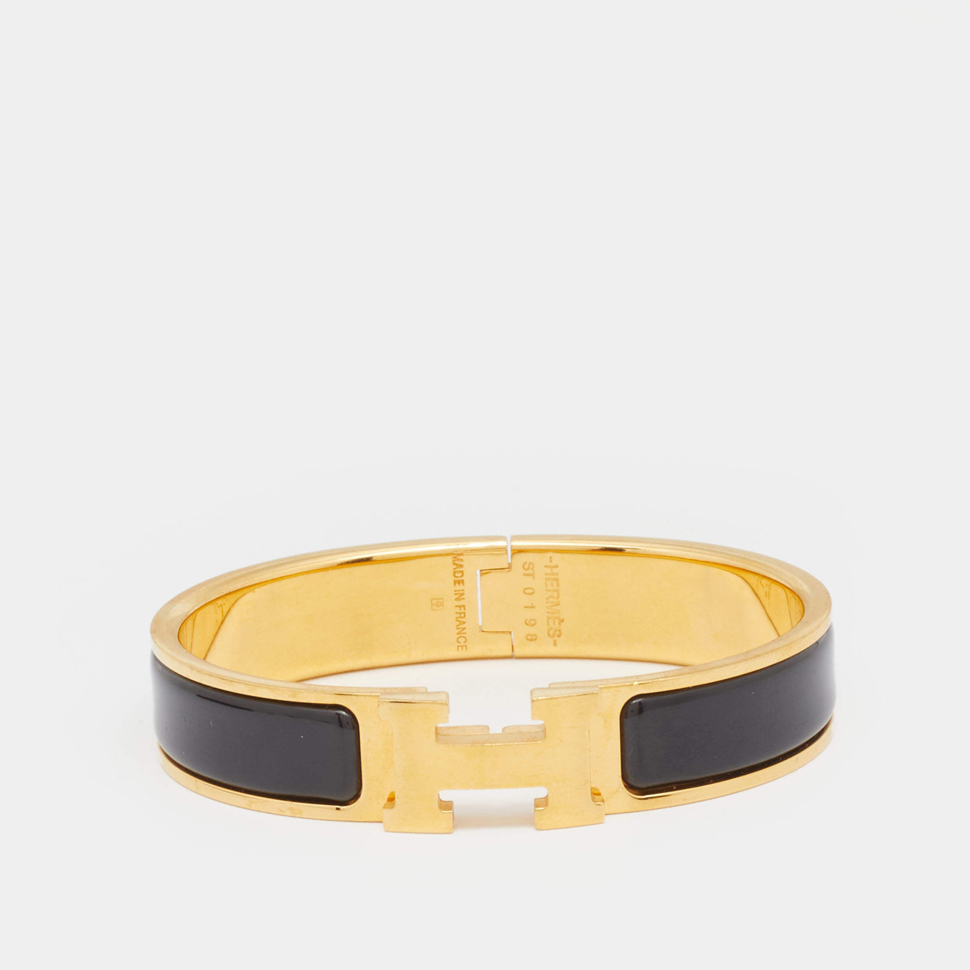 Pre Owned Hermès Clic H Black Enamel Gold Plated Narrow Bracelet