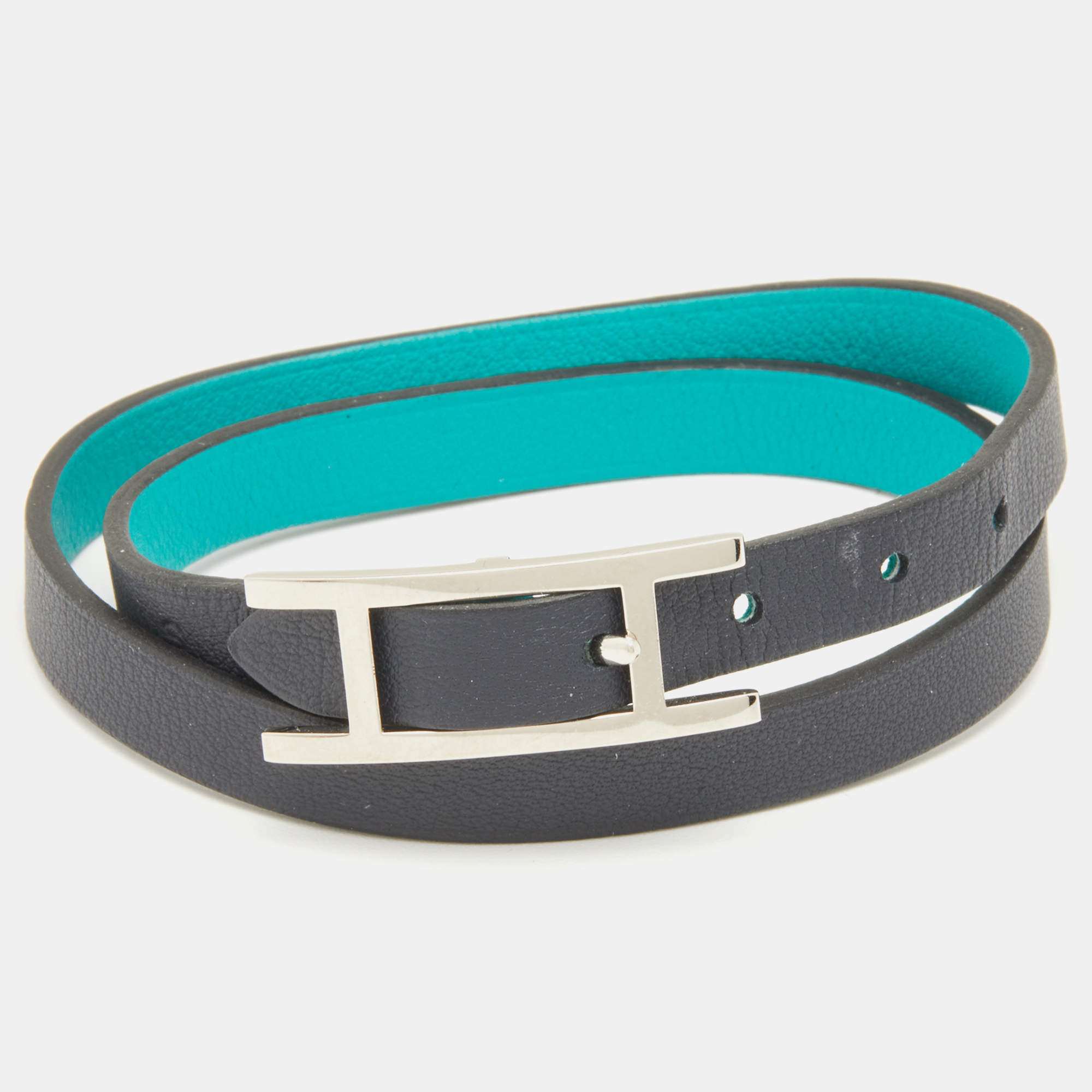 Pre Owned Hermes Green and Black Leather Behapi Reversible Double Tour Bracelet S