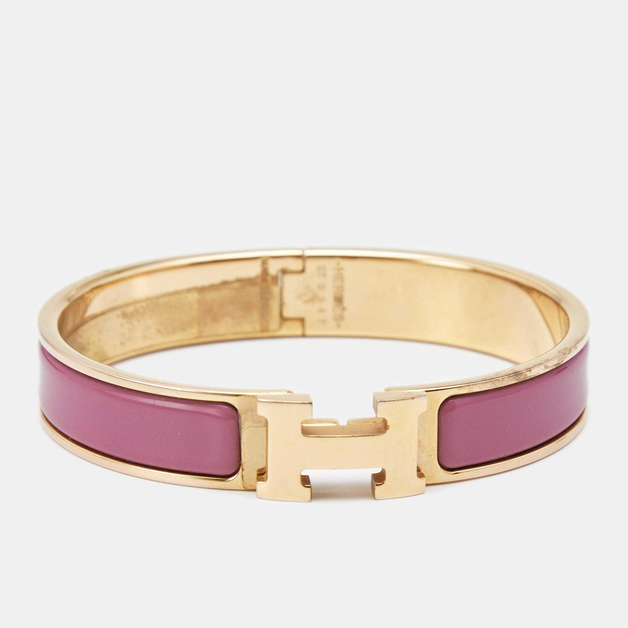 Pre Owned Hermès Clic H Mauve Enamel Rose Gold Plated Narrow Bracelet