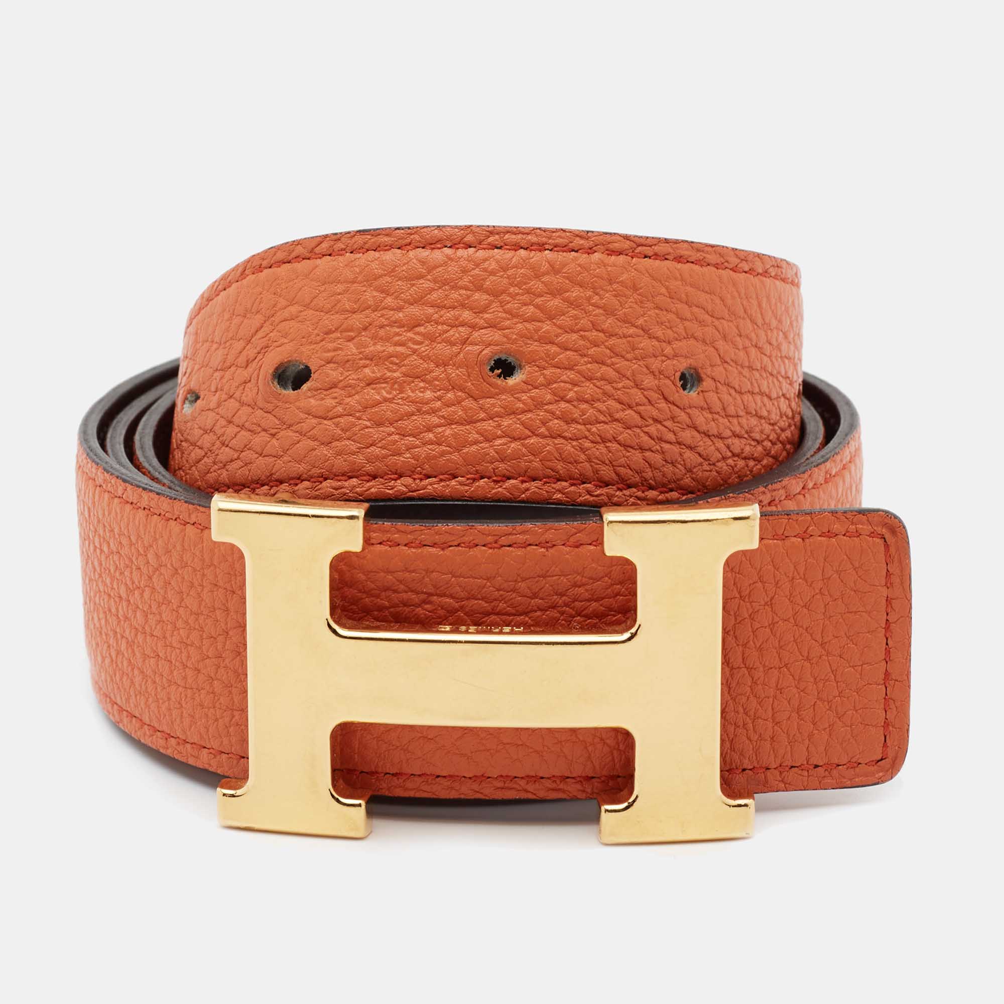 Hermes Orange/Chocolat Togo and Box Leather H Buckle Reversible Belt 75CM  Hermes