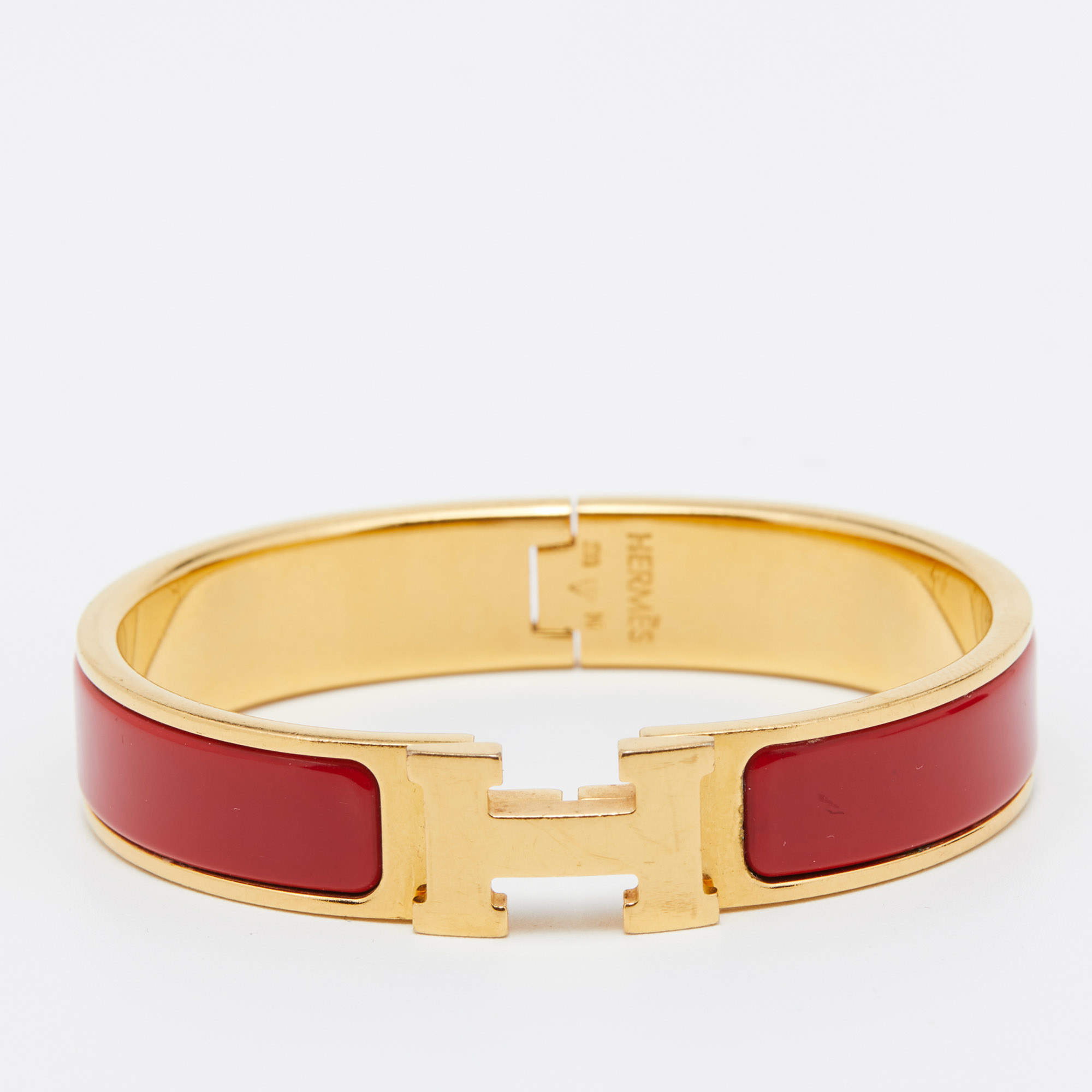 Pre Owned Hermes Clic H Red Enamel Gold Plated Narrow Bracelet
