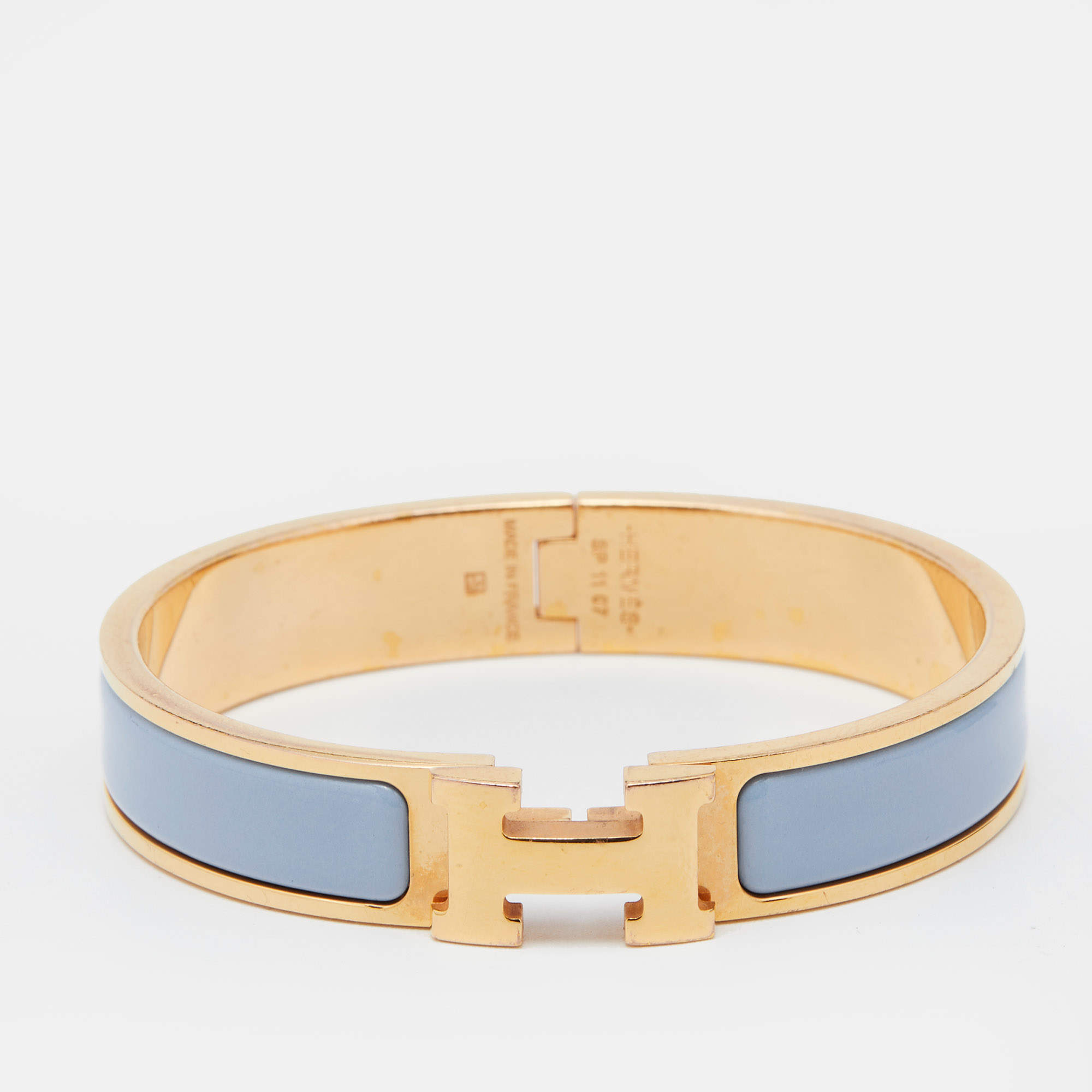 Pre Owned Hermes Clic H Blue Enamel Gold Plated Narrow Bracelet