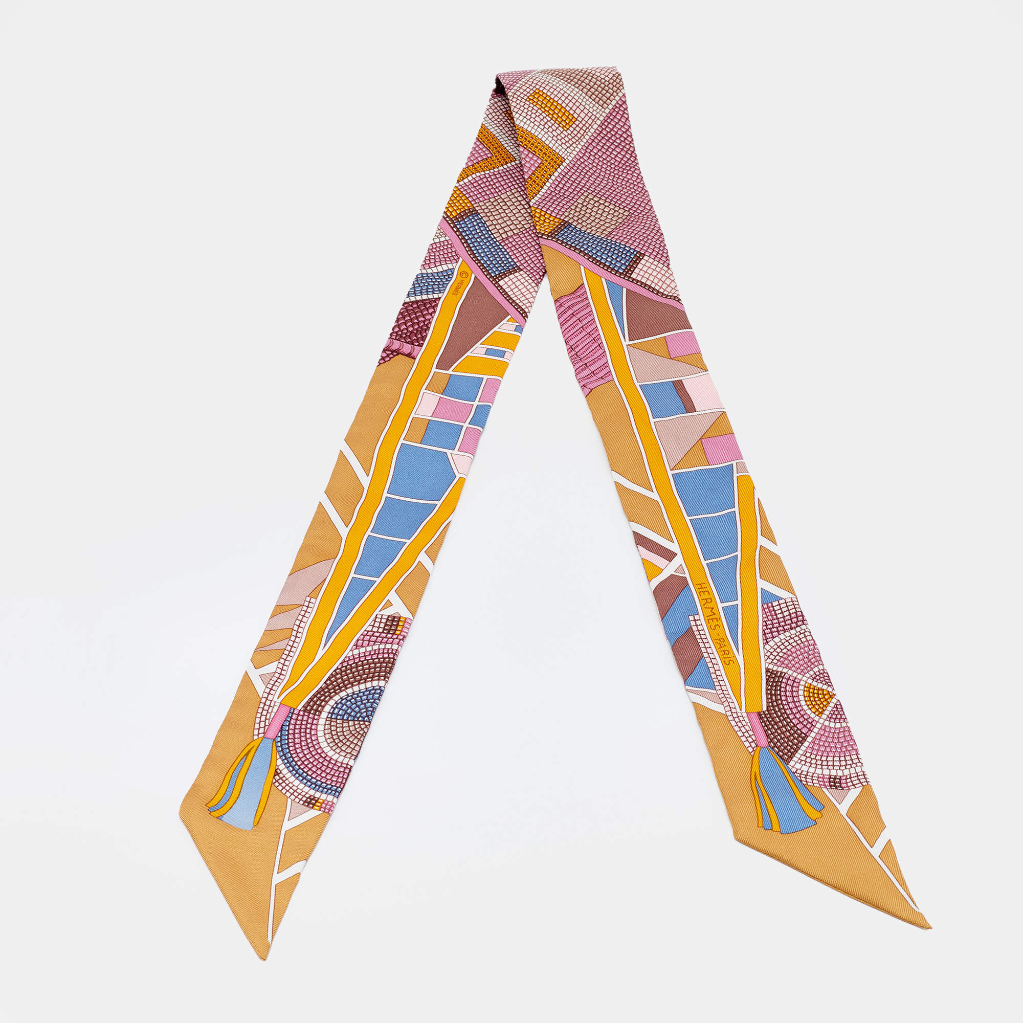 Pre Owned Hermès Brown Mosaic Print Silk Twilly