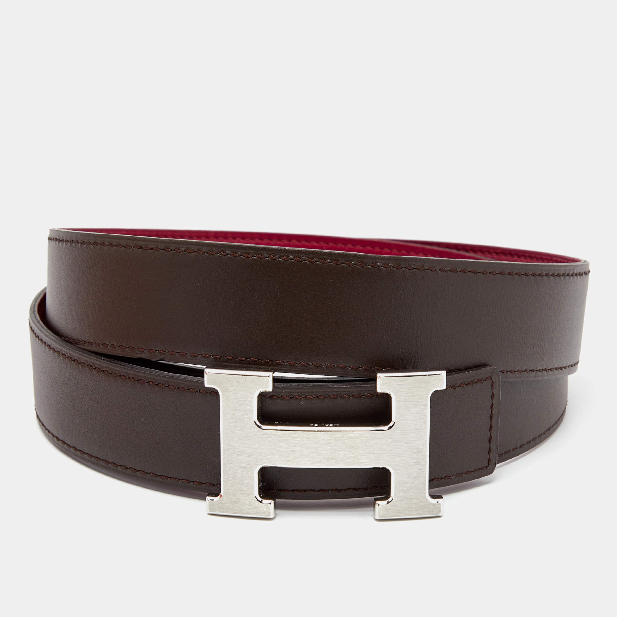 Pre Owned Hermes Chocolat/Tosca Swift and Evergrain Leather H Buckle Reversible Belt 95 CM