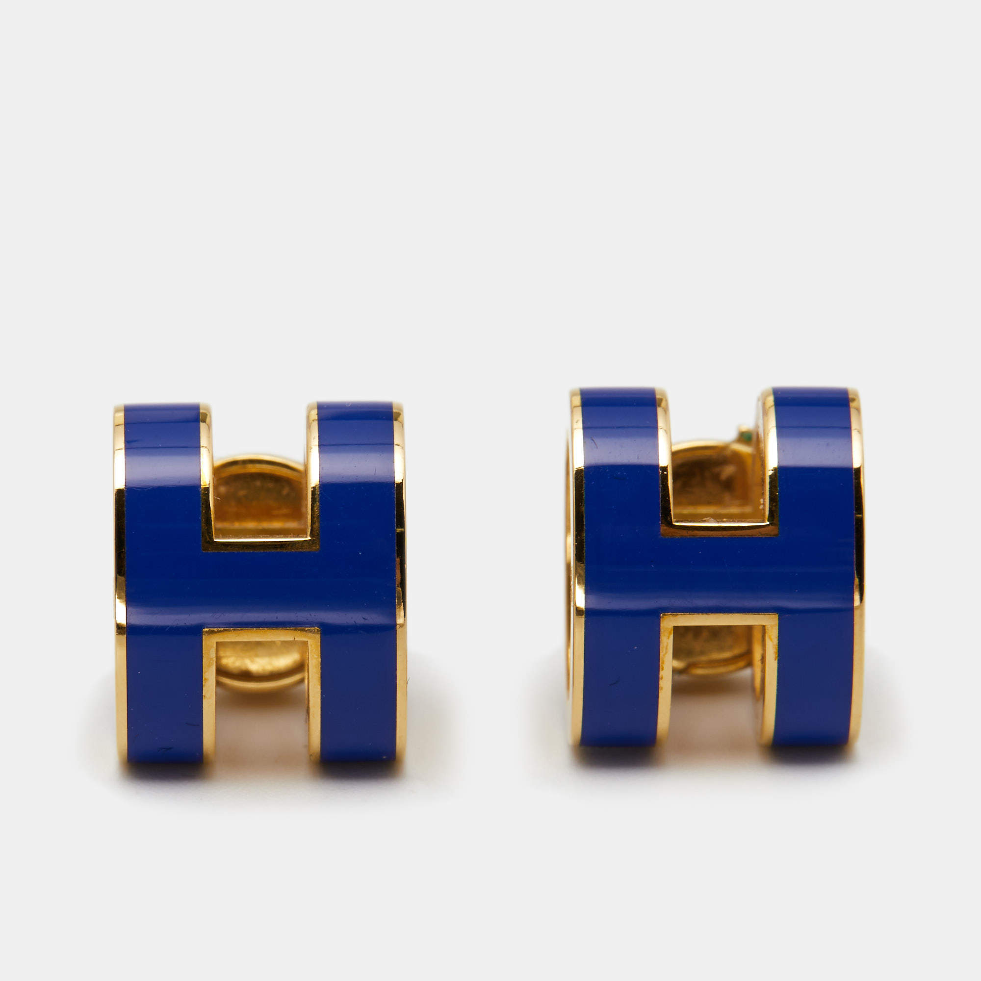 مملوكة مسبقًا Hermès Mini Pop H Blue Lacquered Gold Plated Stud Earrings