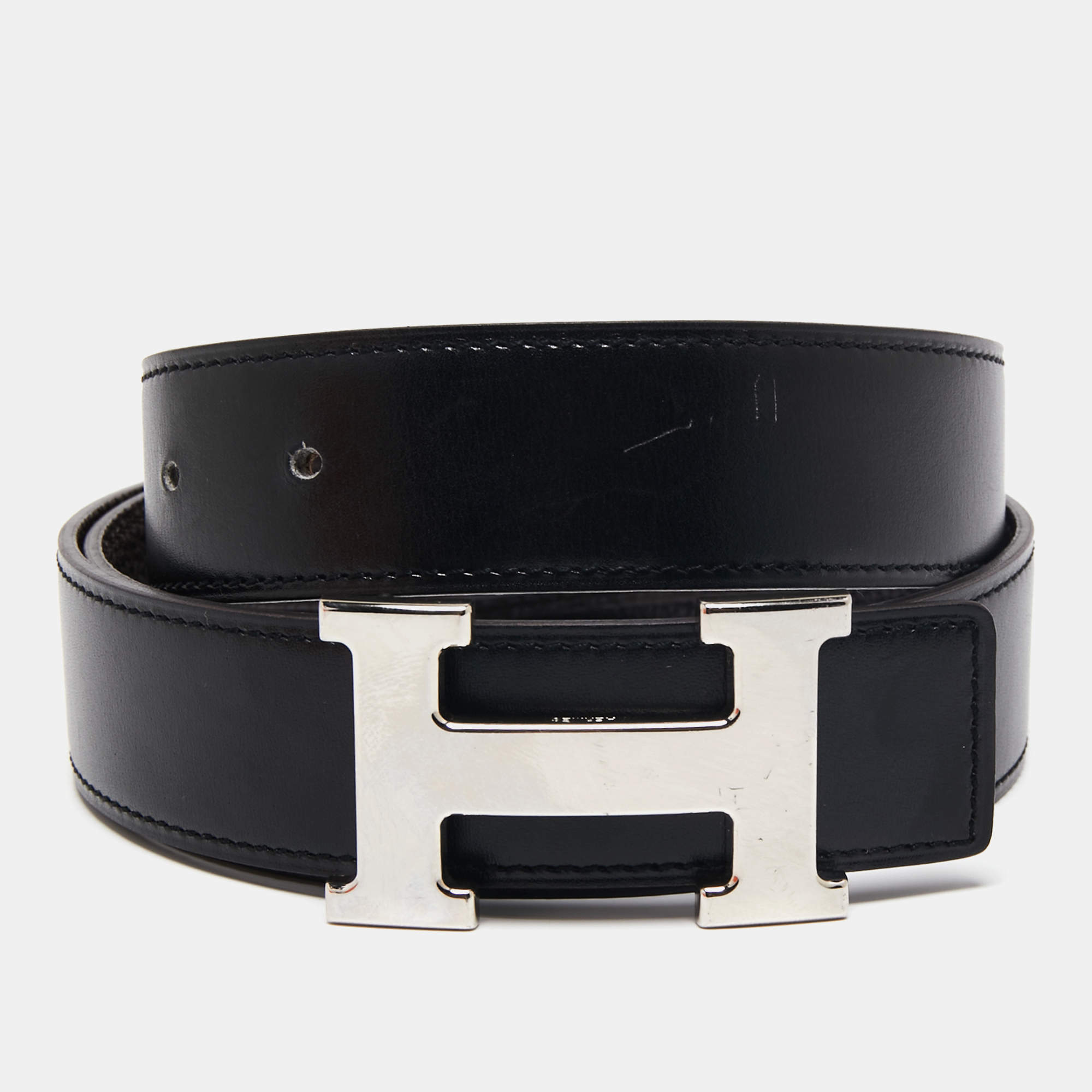 Pre Owned Hermes Black/Chocolat Chamonix and Togo Leather H Buckle Reversible Belt 85 CM