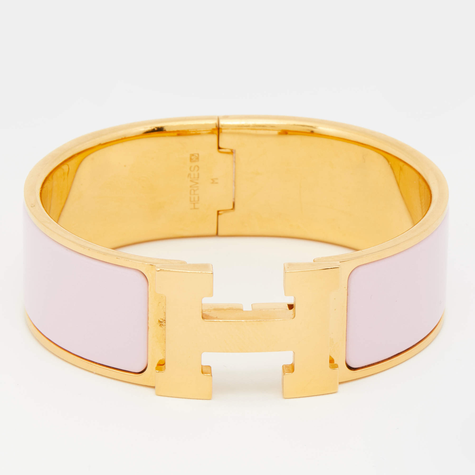 Pre Owned Hermes Clic Clac H Pink Enamel Gold Plated Wide Bracelet