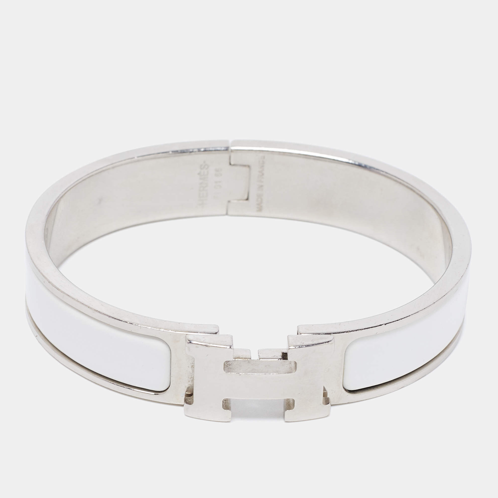 Pre Owned Hermes Clic H White Enamel Palladium Plated Narrow Bracelet