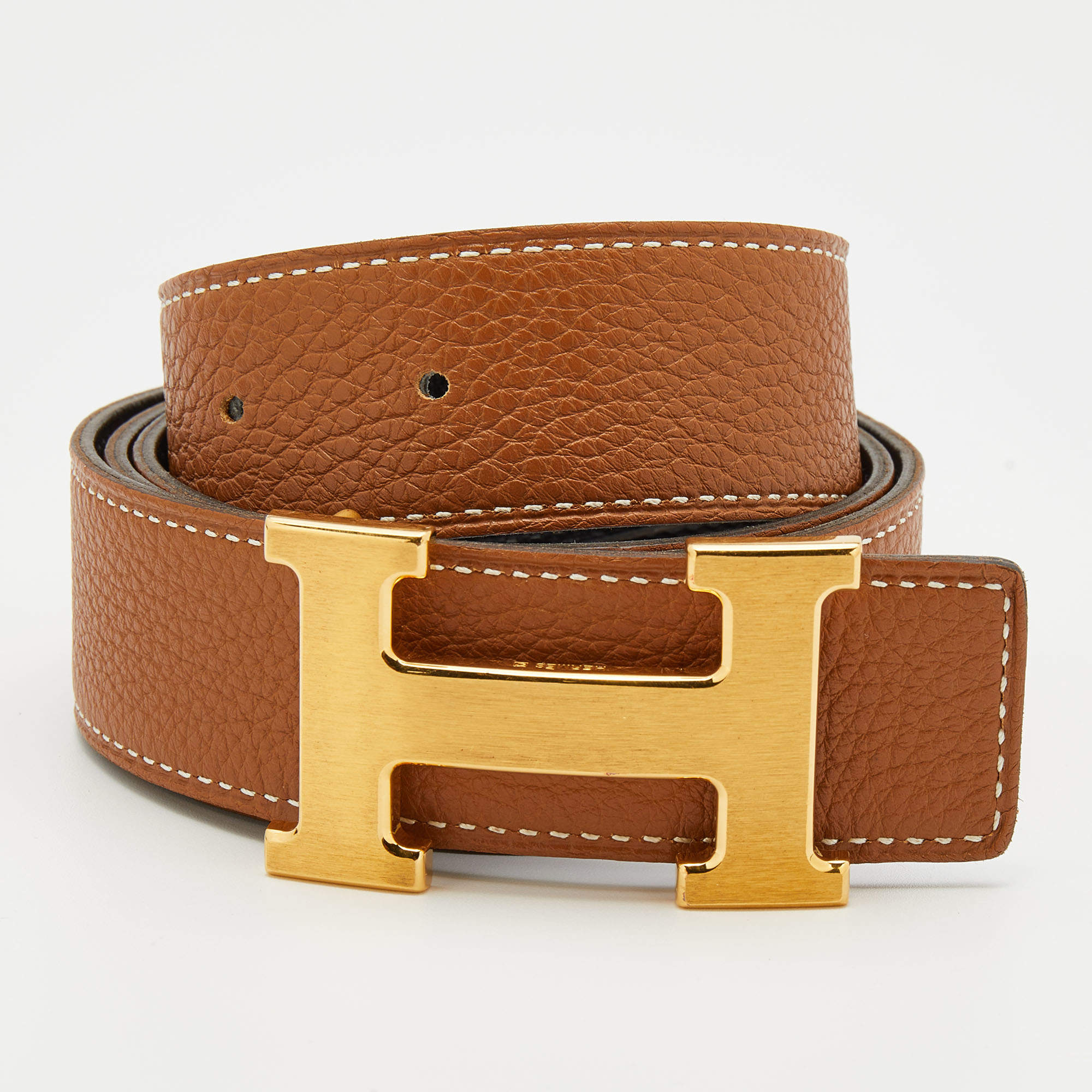 Pre Owned Hermes Gold/Black Togo/Box Leather H Buckle Belt 85CM