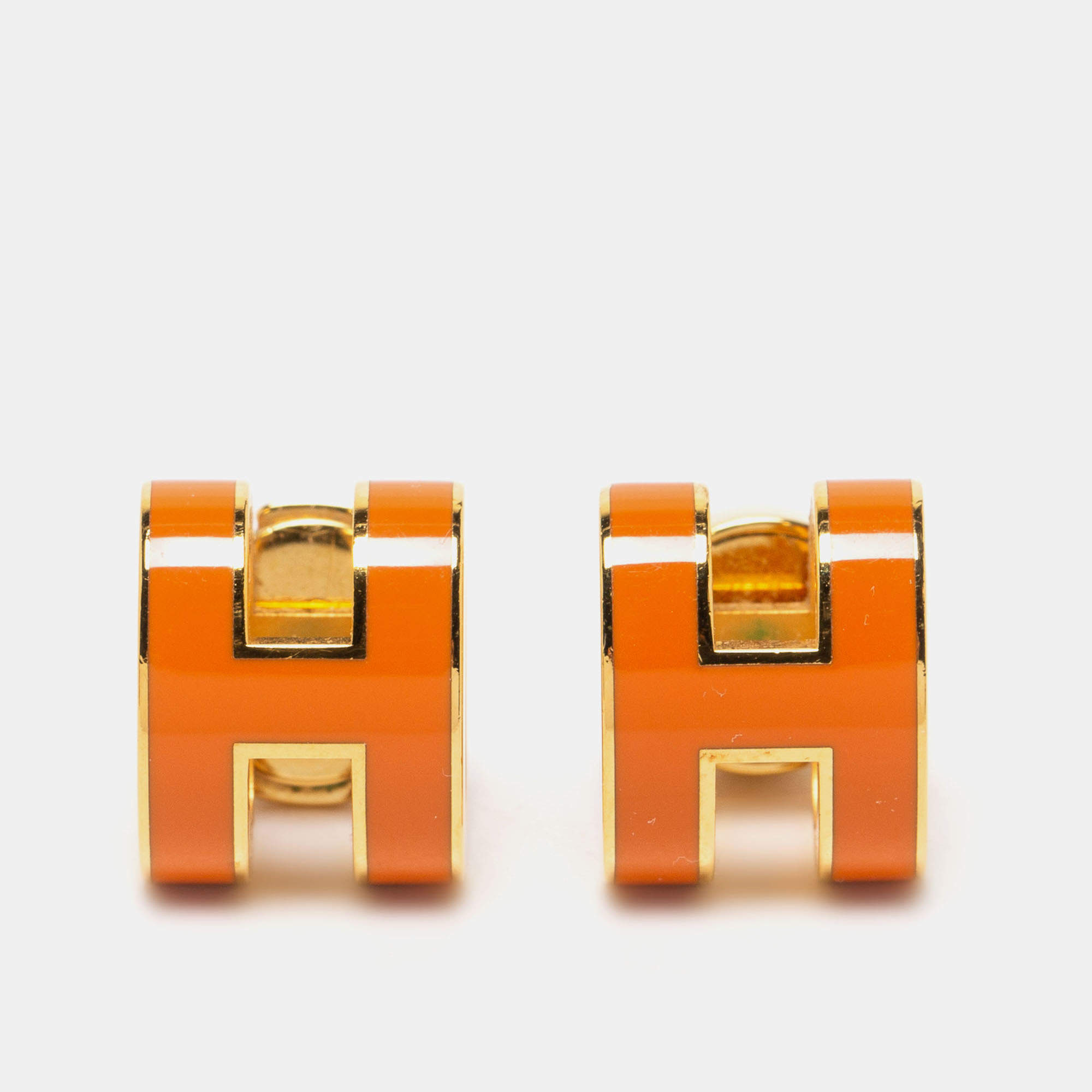Pre Owned Hermès Orange Lacquer Gold Plated Pop H Earrings