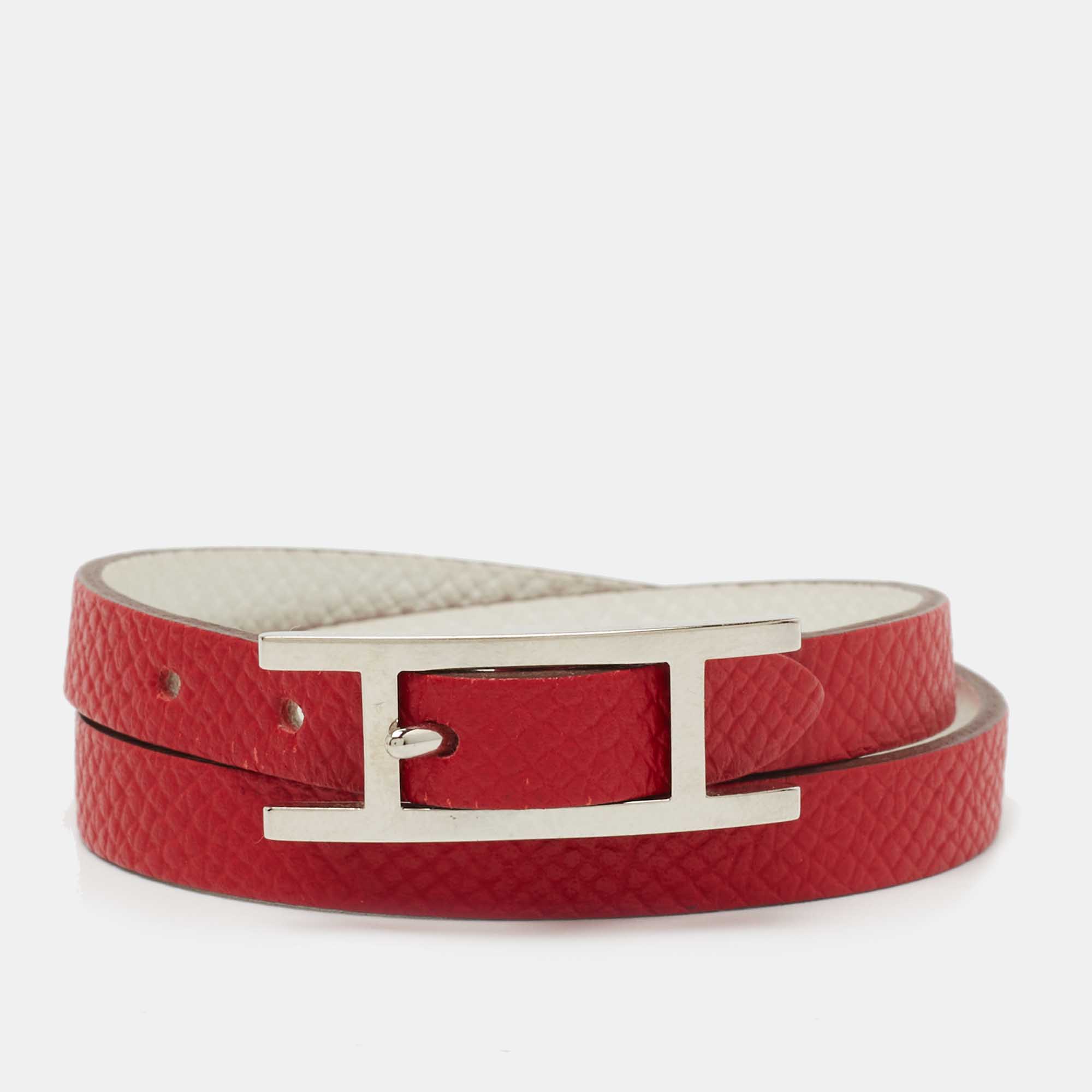Hermès Bicolor Epsom Leather Palladium Plated Behapi Double Tour Bracelet XS