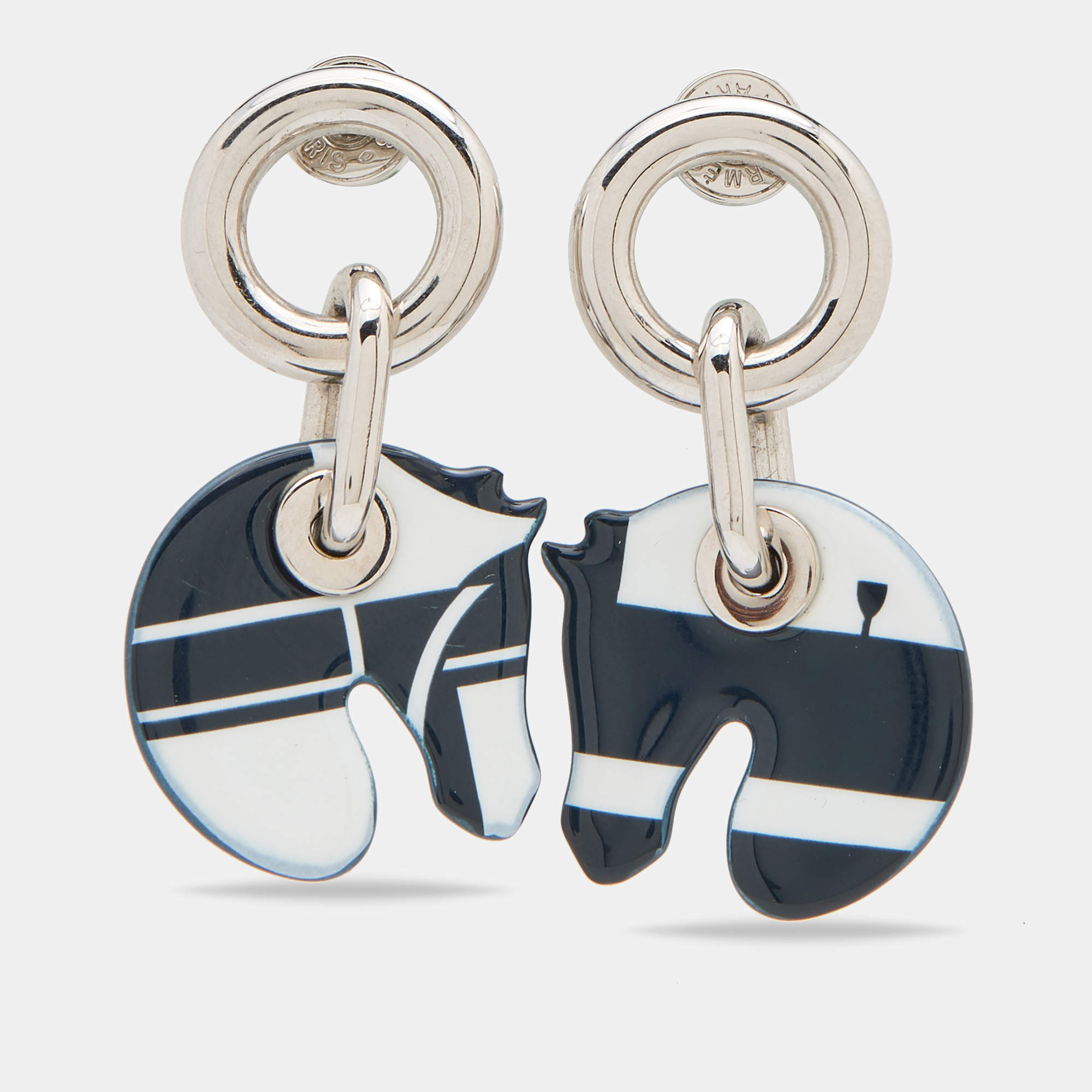 Pre Owned Hermès  Palladium Plated Blue Enamel Print Horse Drop Earrings 