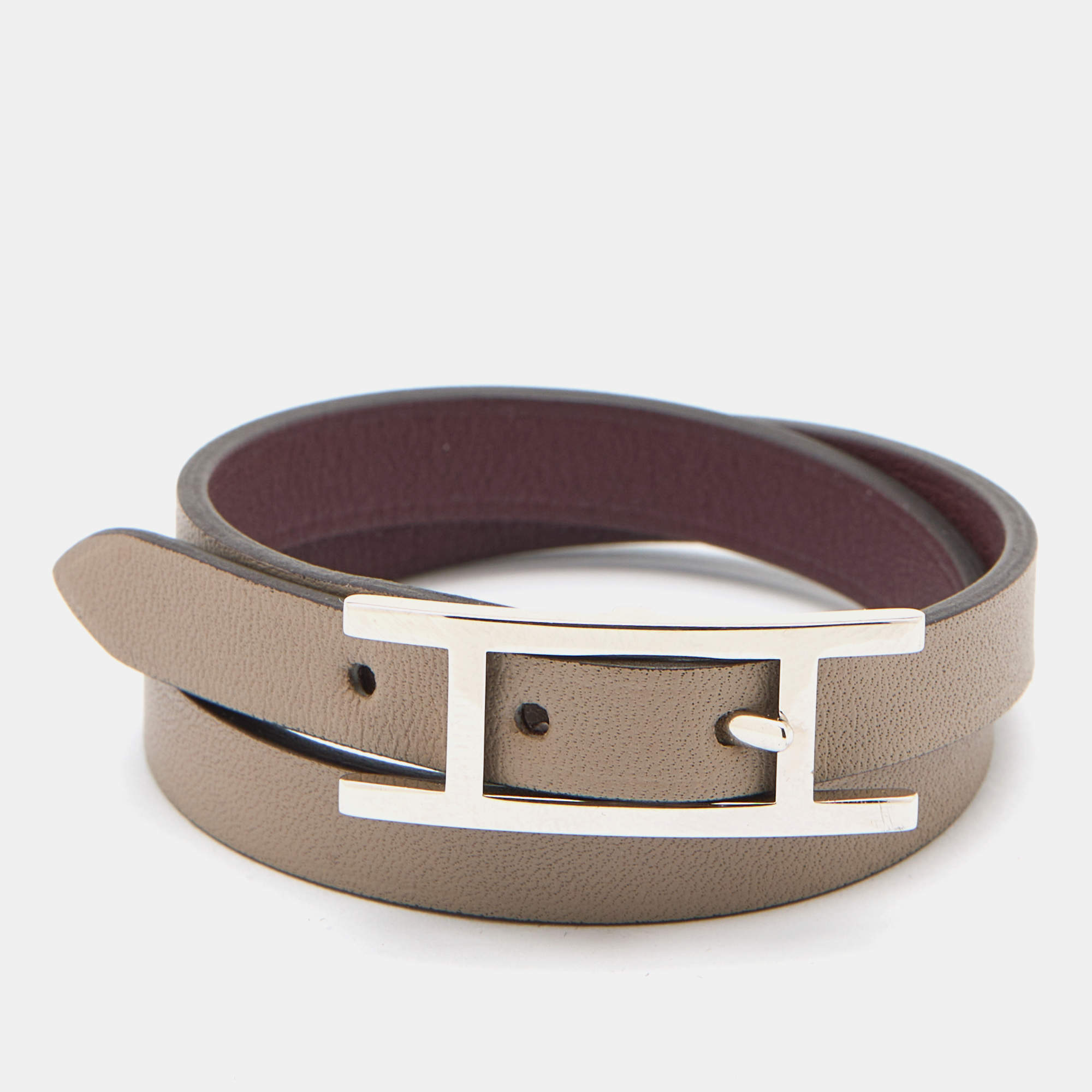 مملوكة مسبقًا Hermès  Taupe/Burgundy Leather Reversible Behapi Double Tour Bracelet