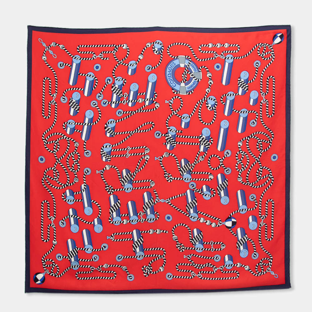Pre Owned Hermes Vintage Red Cordages Silk Square Scarf