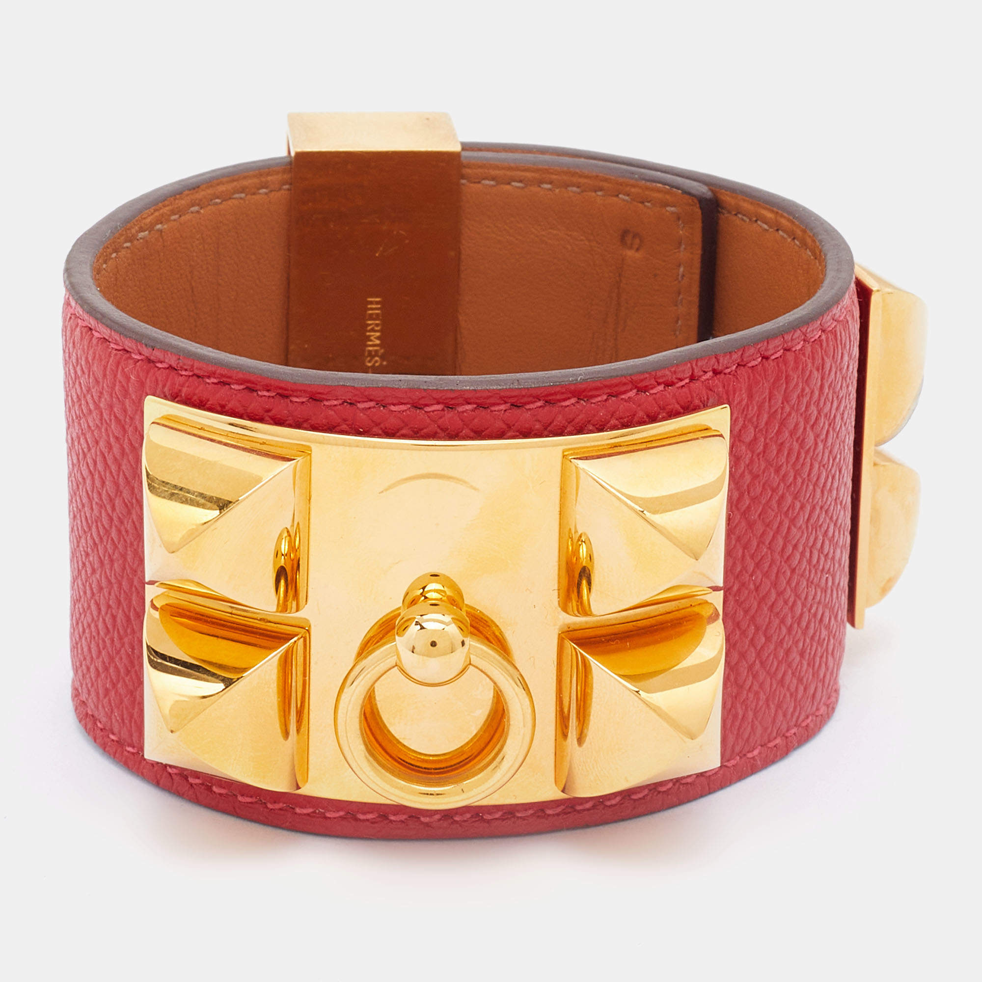 Hermès Red Leather Collier de Chien Cuff Bracelet S
