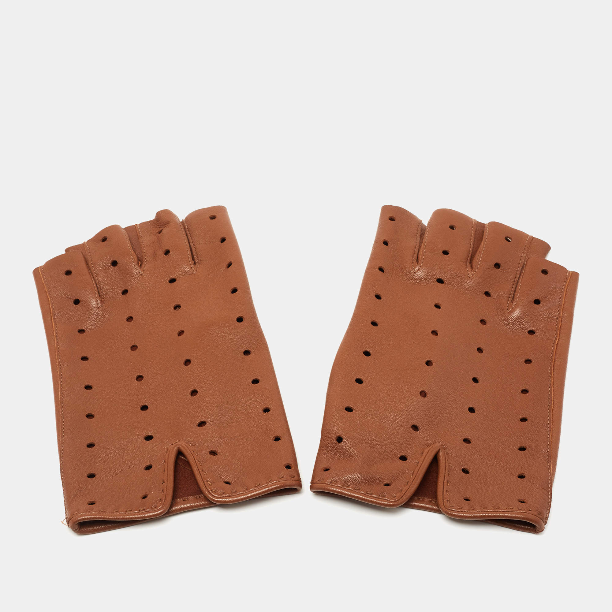 Hermes Brown Leather Perforated Fingerless Gloves Size 8