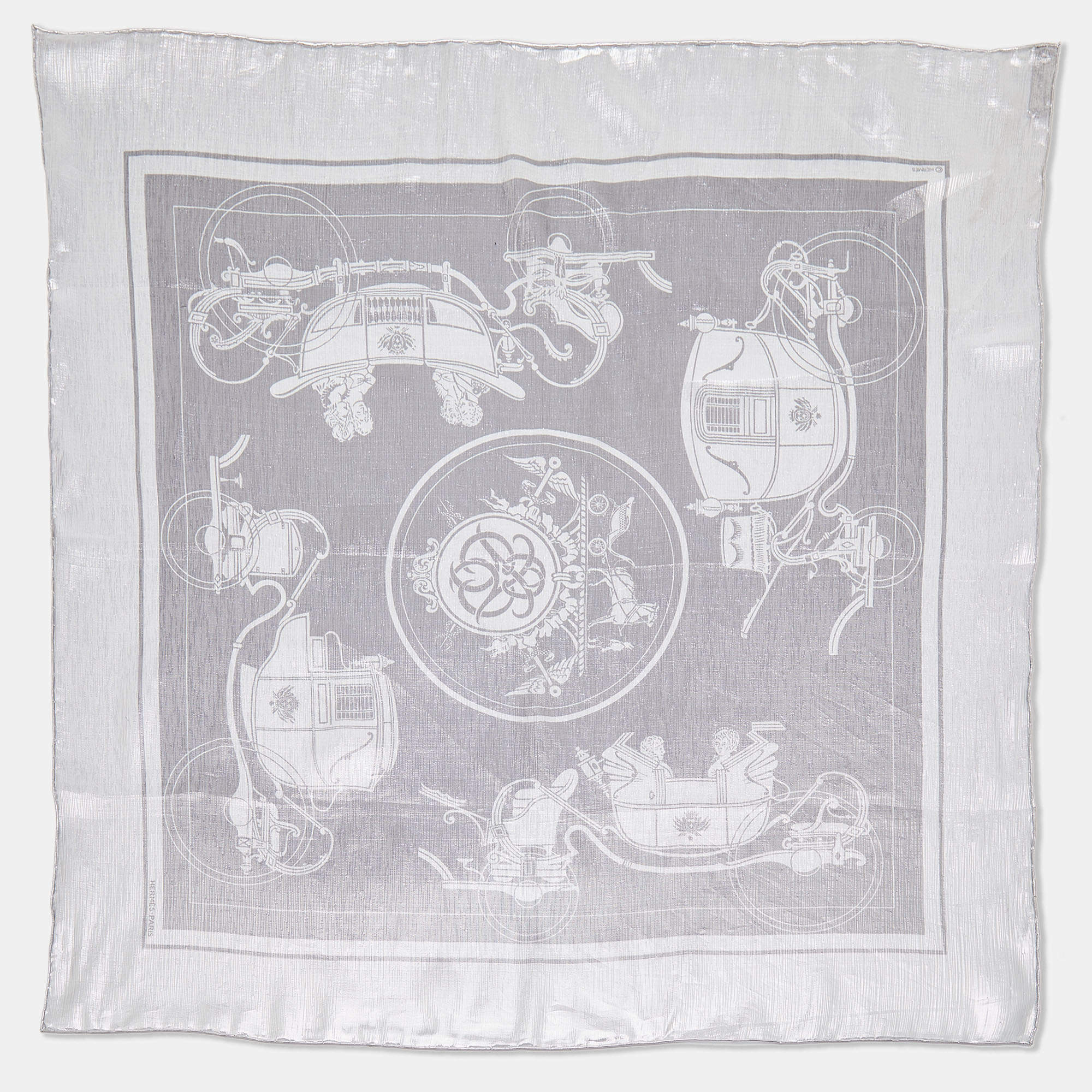 مملوكة مسبقًا Hermes Silver Carriage Pattern Lurex Silk Square Scarf